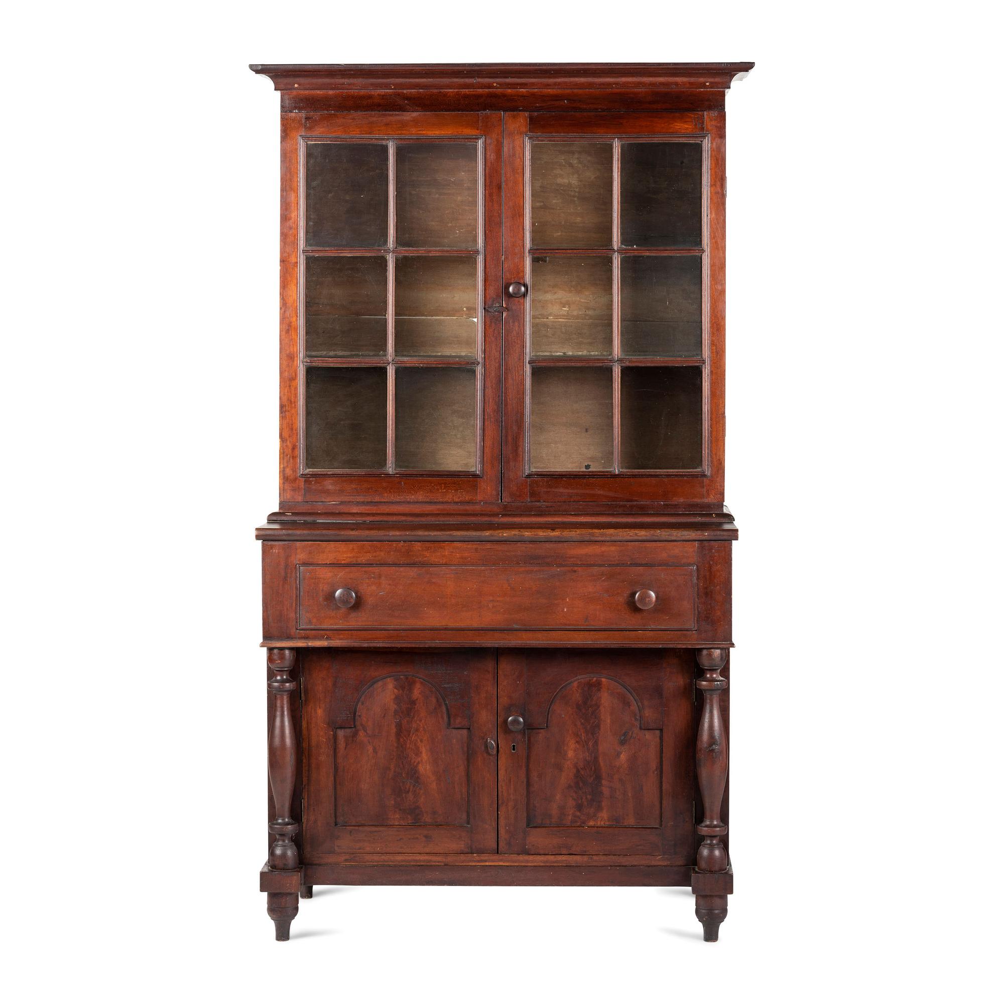 A Federal Turned and Paneled Cherrywood Glazed Stepback Cupboard