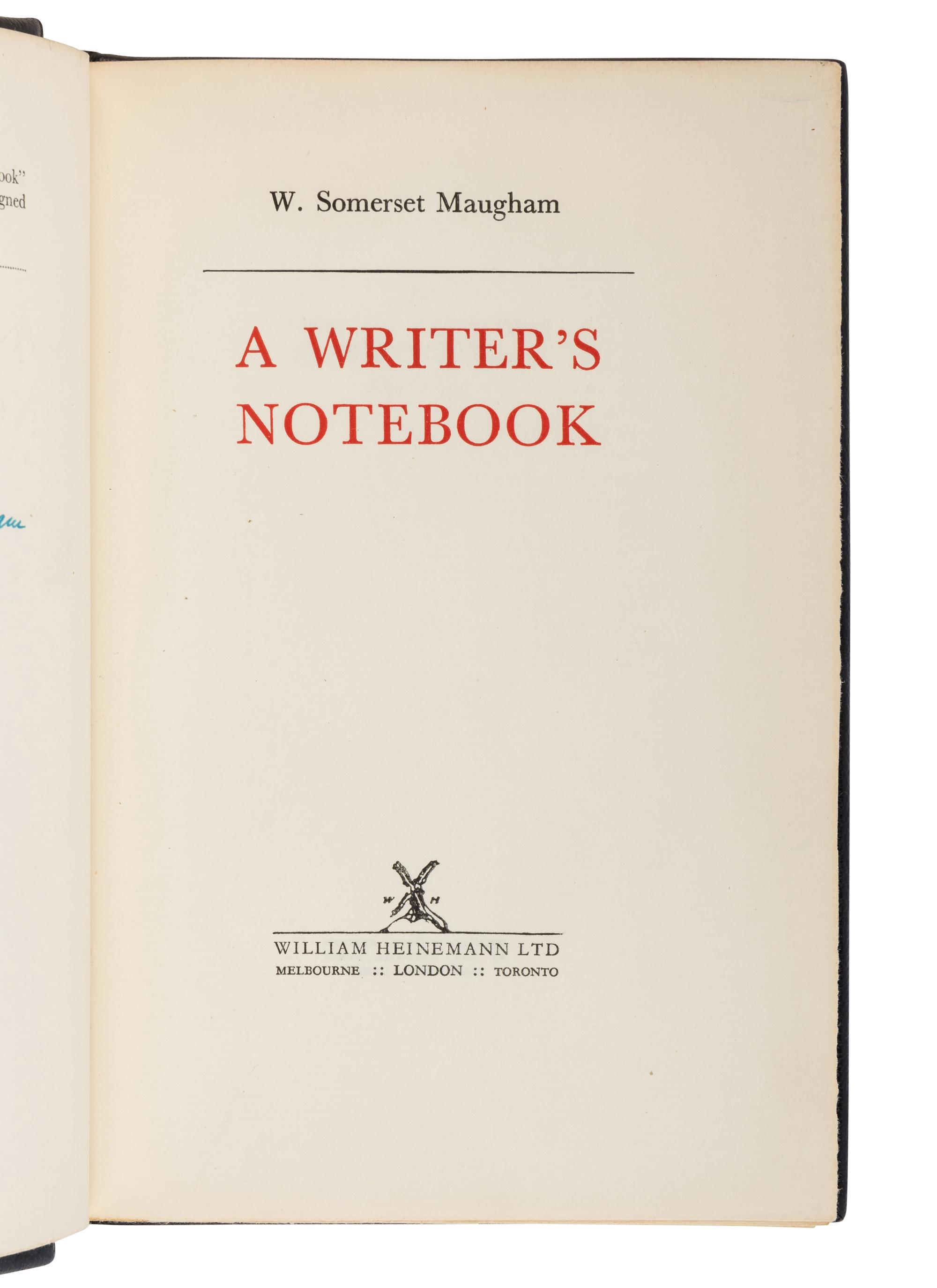 MAUGHAM, William Somerset (1874-1965). A Writer's Notebook . Melbourne, London & Toronto: William Heinemann Ltd., [1949].