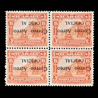 {PHILATELY} [SURCHARGE ERROR] NICARAGUA. Airmail. 1932. 15c. Orange Red (#CO4a & CO4aVAR), Block of Four, Inverted Surcharge, Position 1 Error "Ofic al" printed instead of "Oficial"