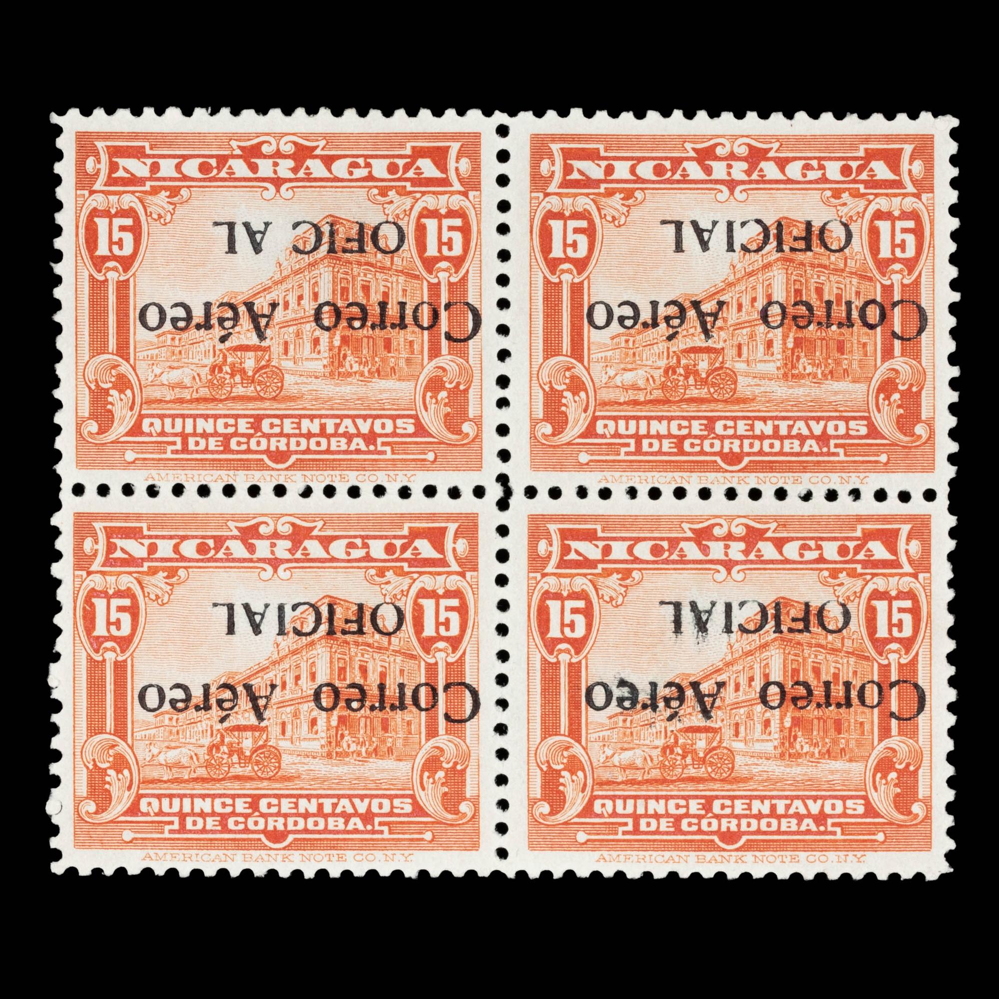 {PHILATELY} [SURCHARGE ERROR] NICARAGUA. Airmail. 1932. 15c. Orange Red (#CO4a & CO4aVAR), Block of Four, Inverted Surcharge, Position 1 Error "Ofic al" printed instead of "Oficial"