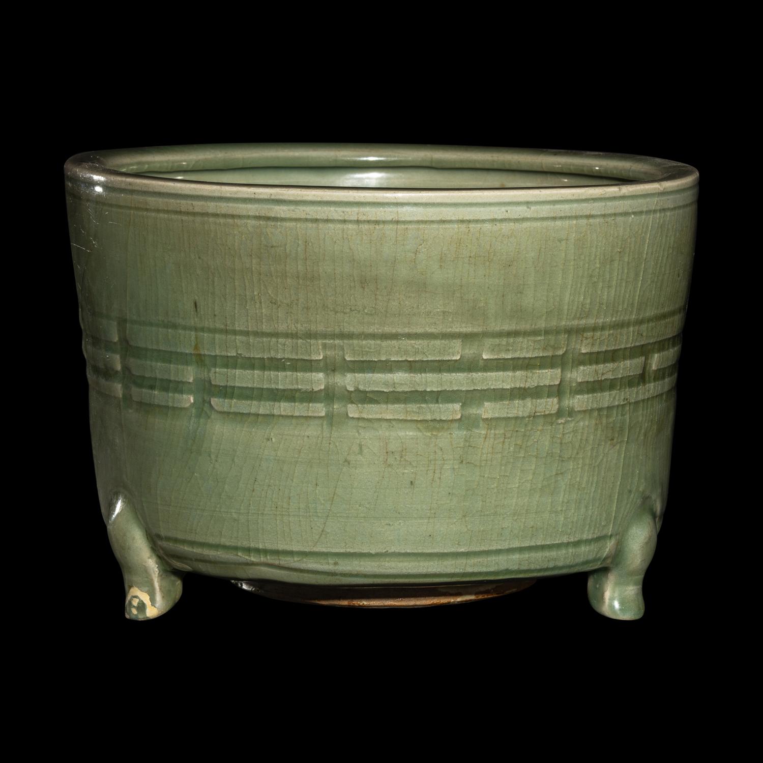 A Large Chinese Molded Longquan Celadon Glazed Porcelain Censer, Ming Dynasty 明 龍泉青釉八卦紋三足炉