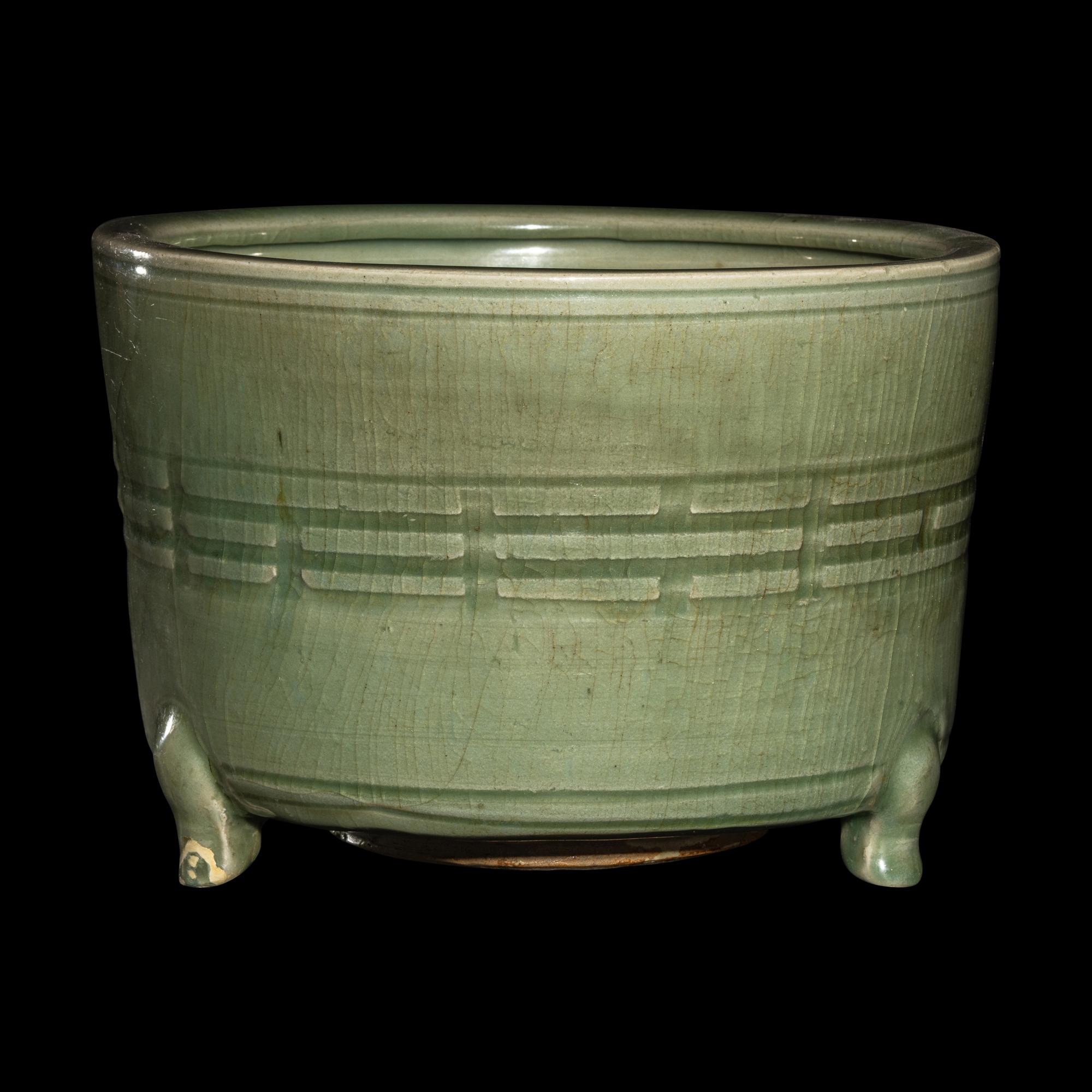 A Large Chinese Molded Longquan Celadon Glazed Porcelain Censer, Ming Dynasty 明 龍泉青釉八卦紋三足炉