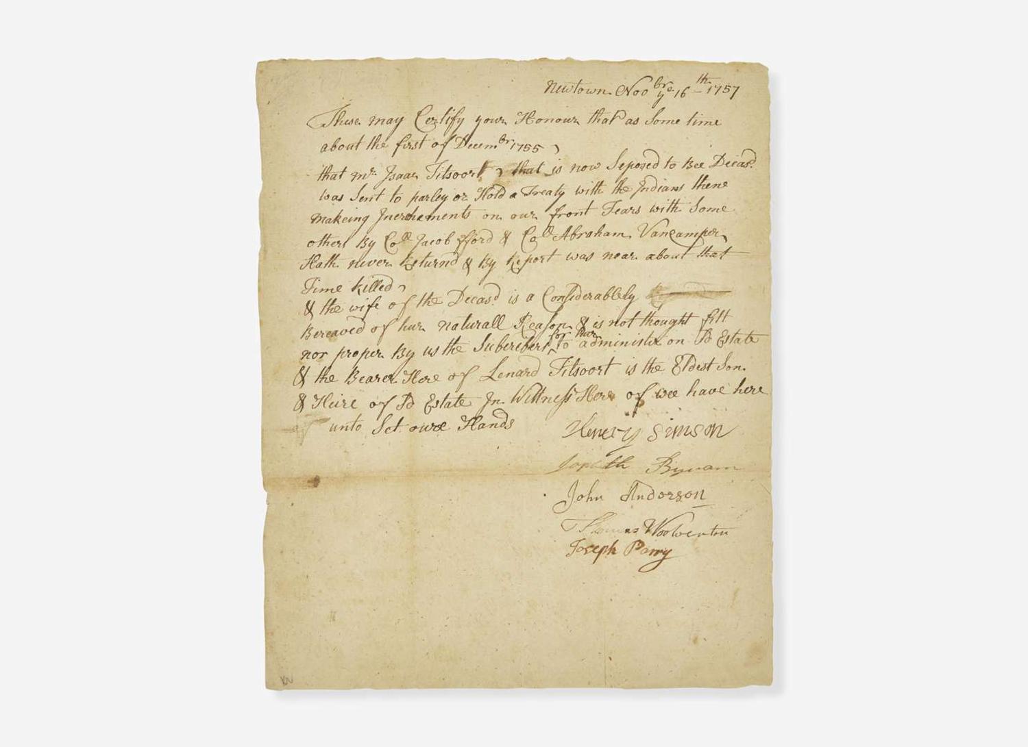 [Americana] [French and Indian War] Manuscript Document, signed