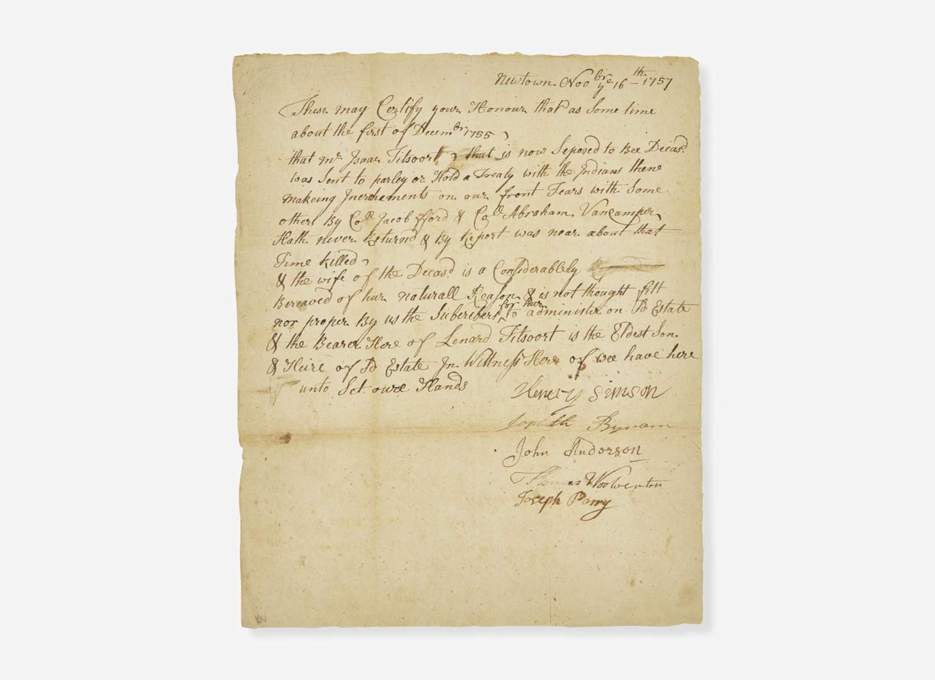 [Americana] [French and Indian War] Manuscript Document, signed