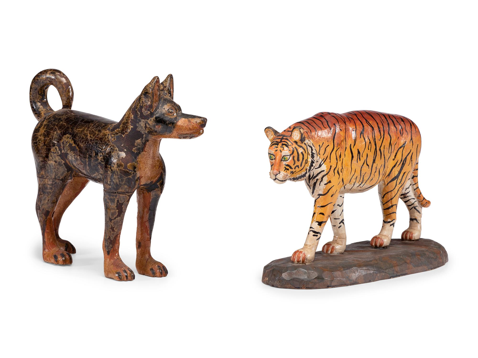 A Folk Art Carved and Painted Wood Dog and Tiger