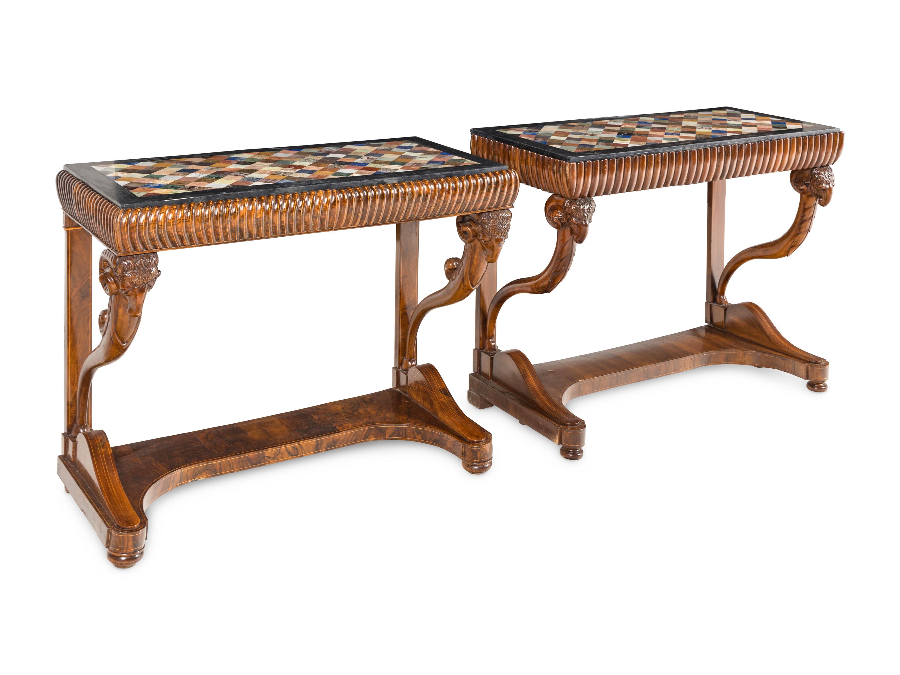 A Near Pair of North European Neoclassical Walnut Console Tables