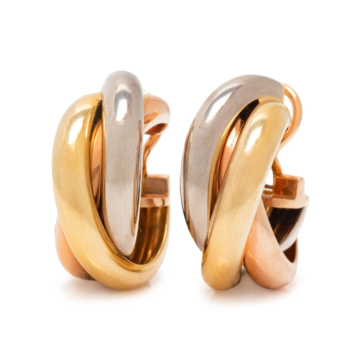 CARTIER, TRICOLOR GOLD 'TRINITY' EARCLIPS