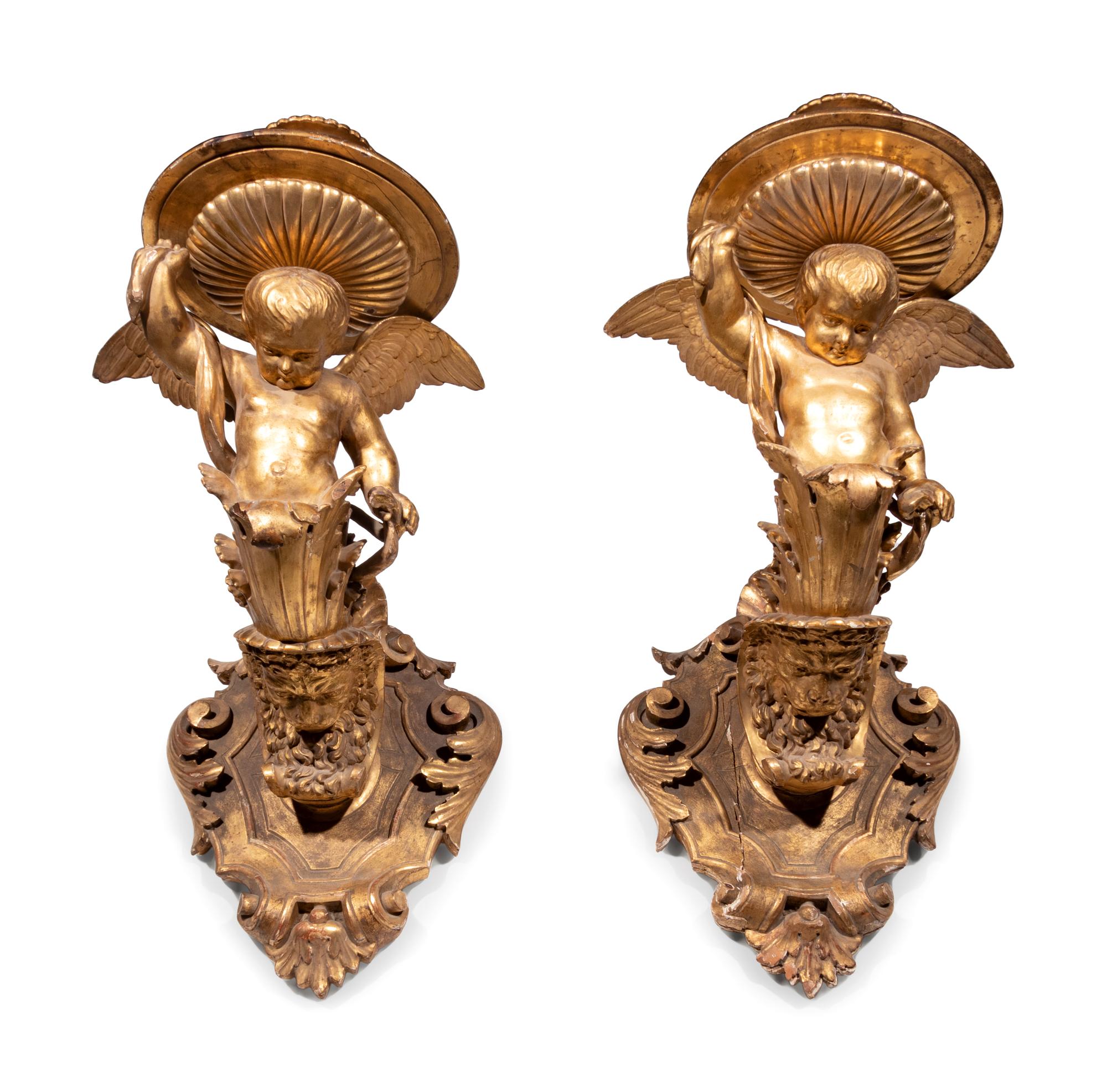 A Pair of Italian Giltwood Figural Wall Brackets