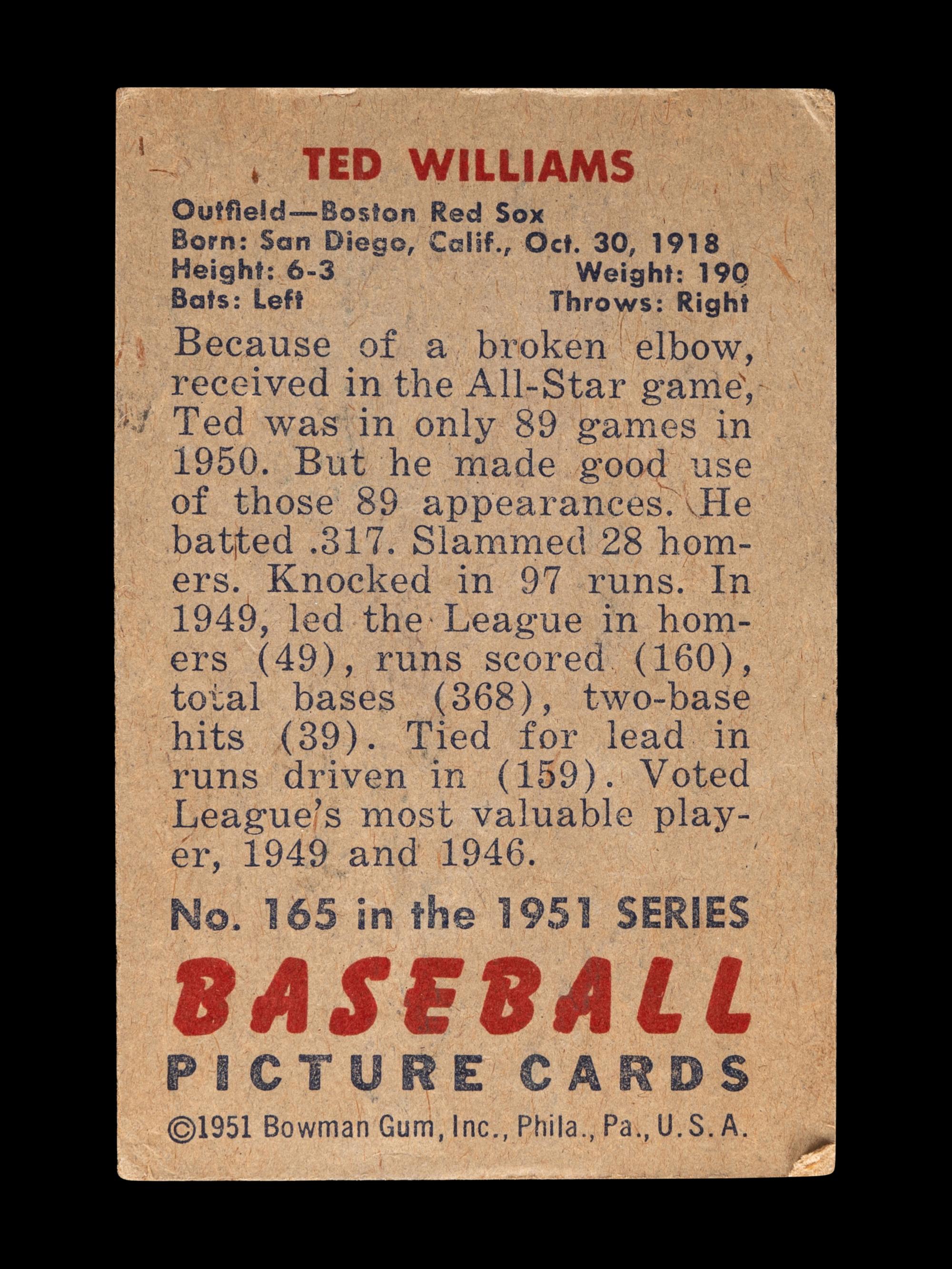 A 1951 Bowman Ted Williams Baseball Card No. 165