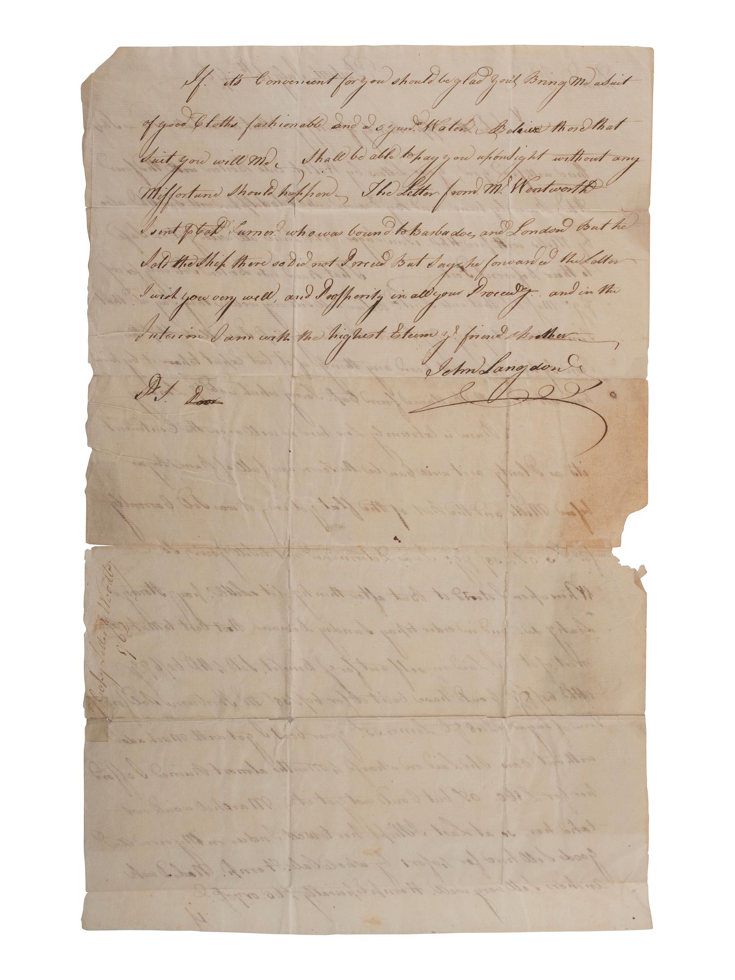 [SIGNER]. LANGDON, John (1741-1819). Letter signed ("John Langdon"). Portsmouth, NH. 16 July 1762. [ With: ] LANGDON, Betsy. ALS 1763.