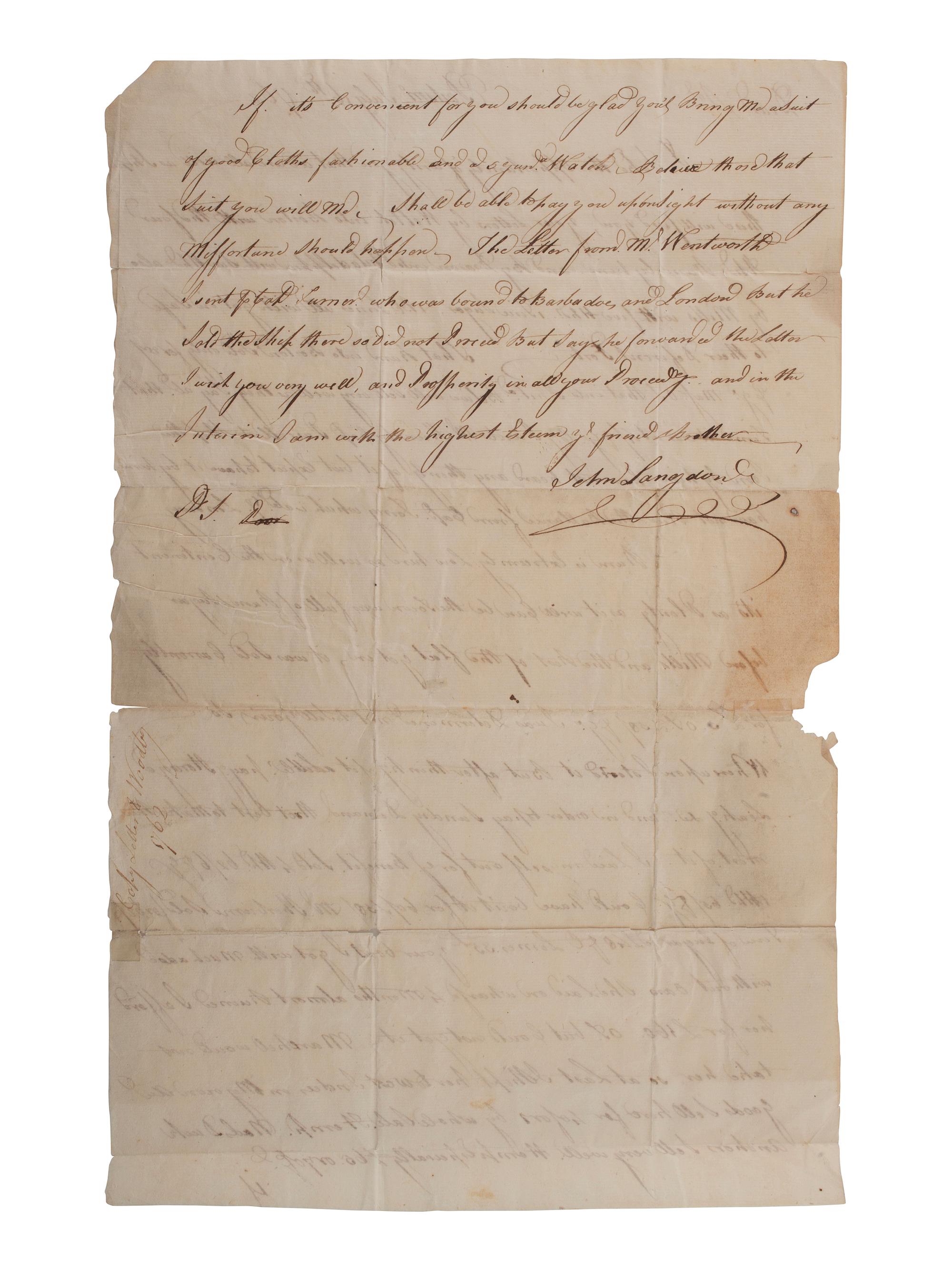 [SIGNER]. LANGDON, John (1741-1819). Letter signed ("John Langdon"). Portsmouth, NH. 16 July 1762. [ With: ] LANGDON, Betsy. ALS 1763.