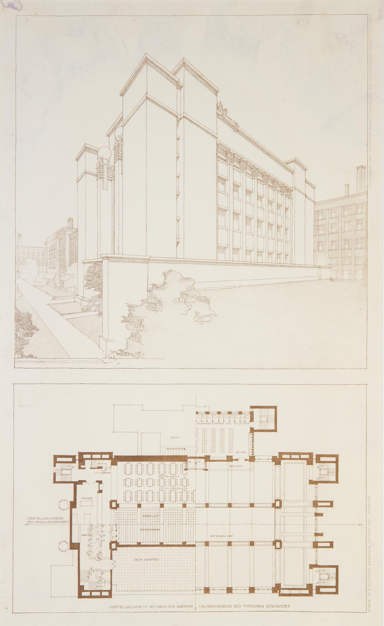 WRIGHT, FRANK LLOYD. Tafel XXXIII... 3 blueprint lithos from the Wasmuth portfolio. Framed.