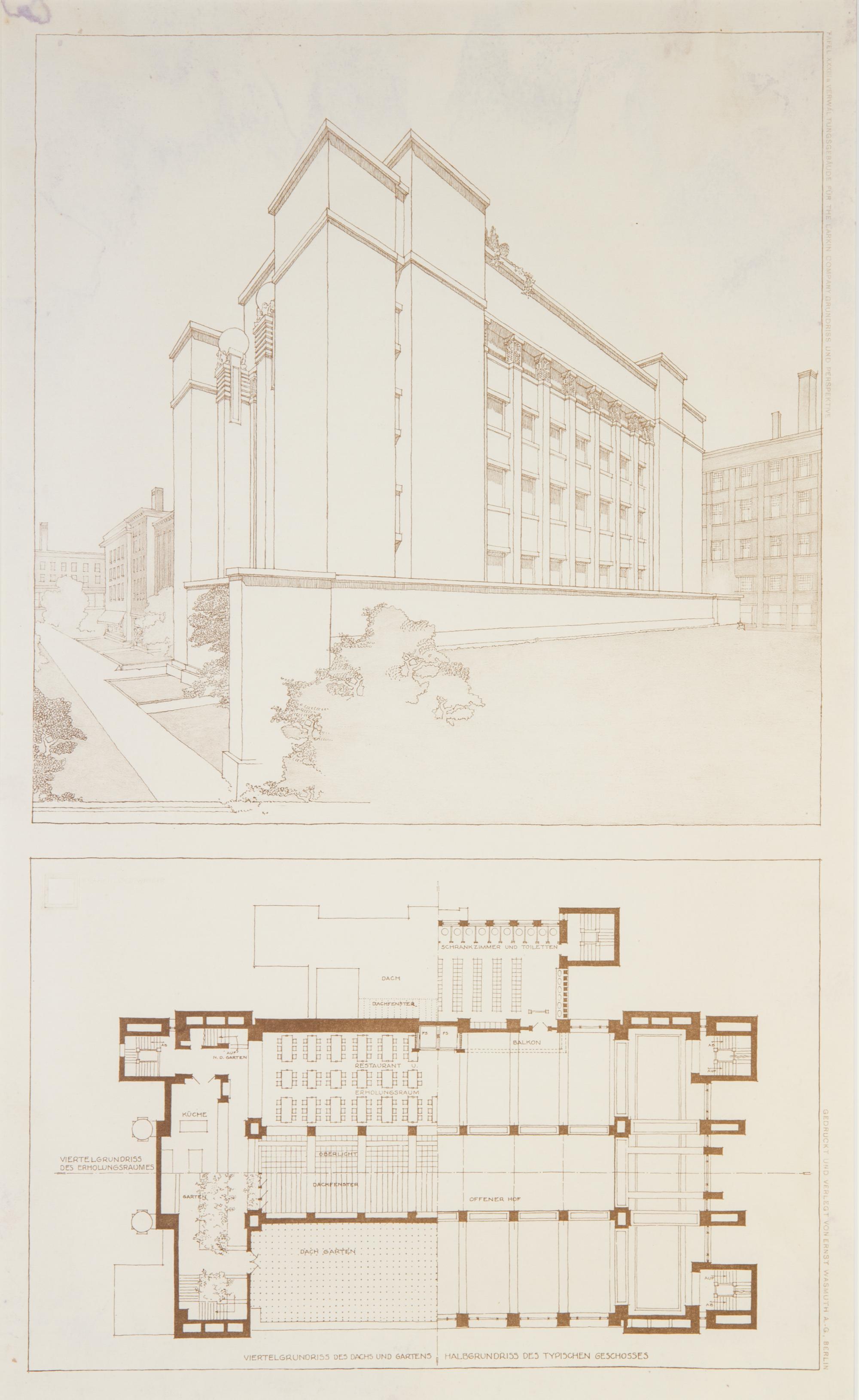 WRIGHT, FRANK LLOYD. Tafel XXXIII... 3 blueprint lithos from the Wasmuth portfolio. Framed.