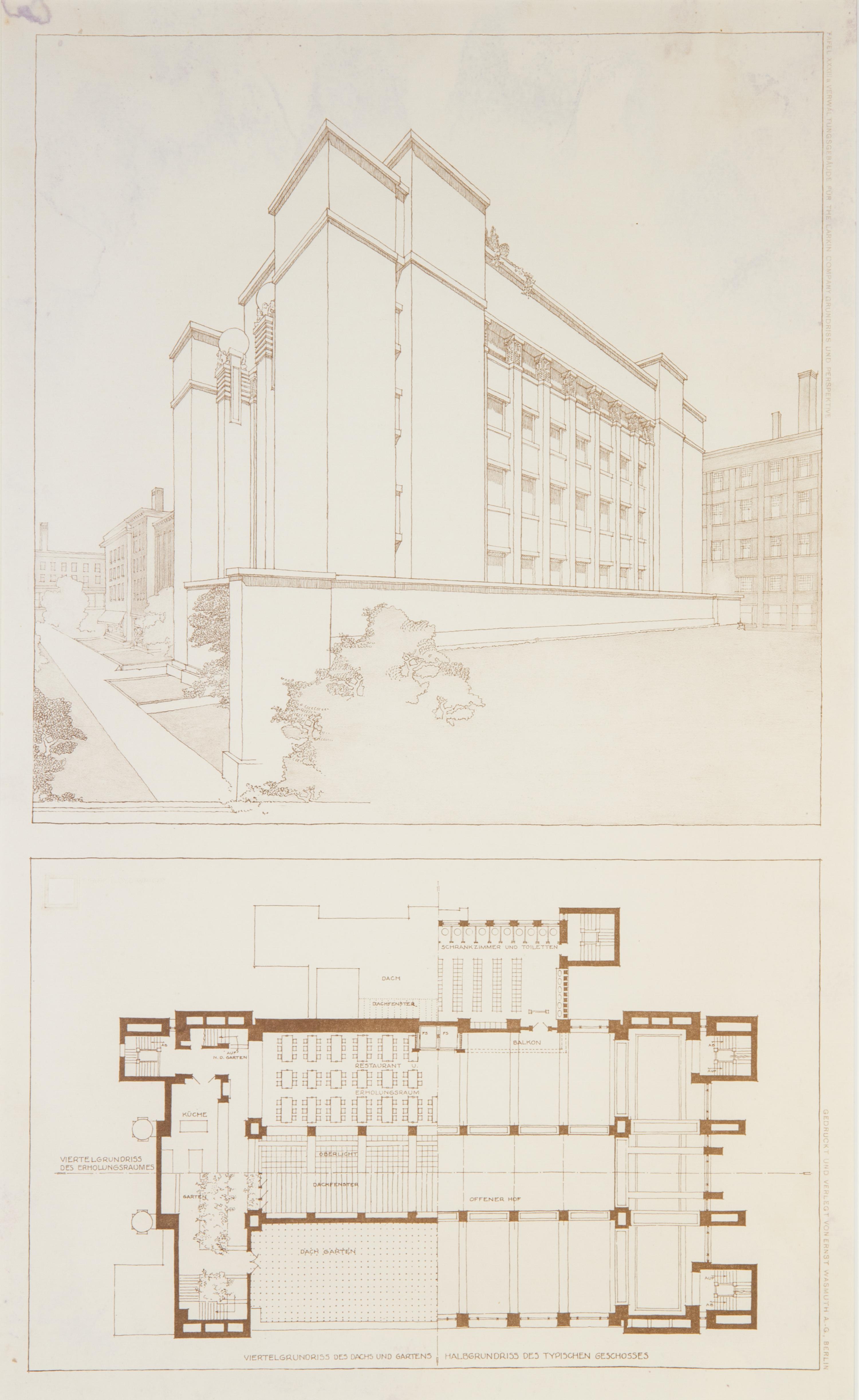 WRIGHT, FRANK LLOYD. Tafel XXXIII... 3 blueprint lithos from the Wasmuth portfolio. Framed.