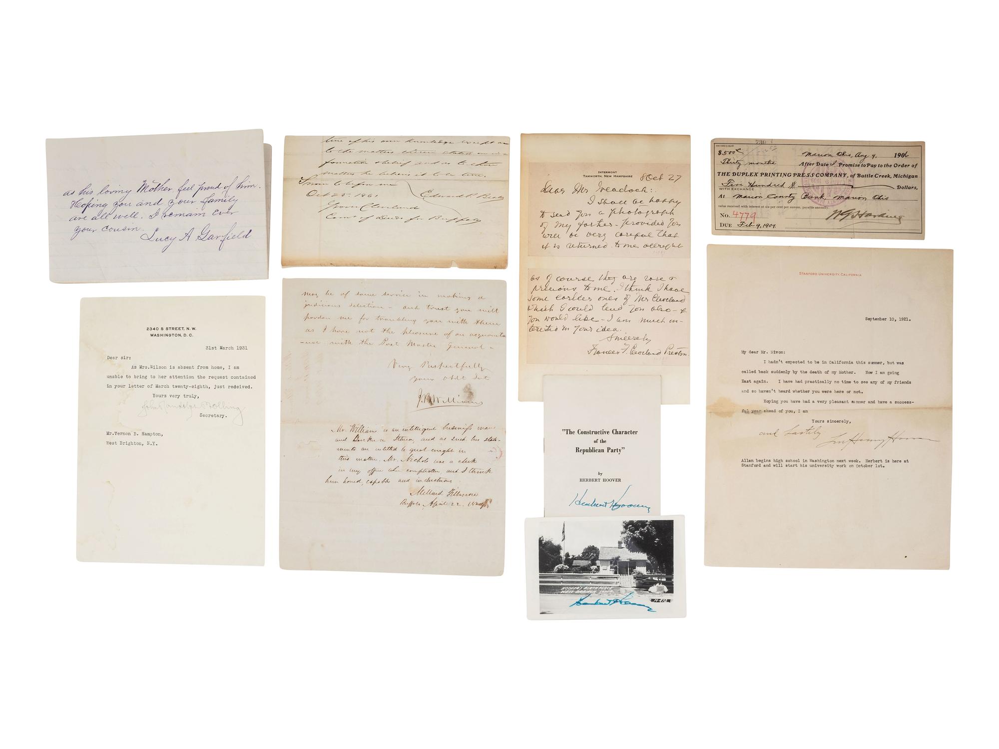 [PRESIDENTS]. Signed documents and ephemera featuring signatures of J.Q. ADAMS, FILLMORE, MCKINLEY, CLEVELAND, HARRISON, HARDING, and HAYES.