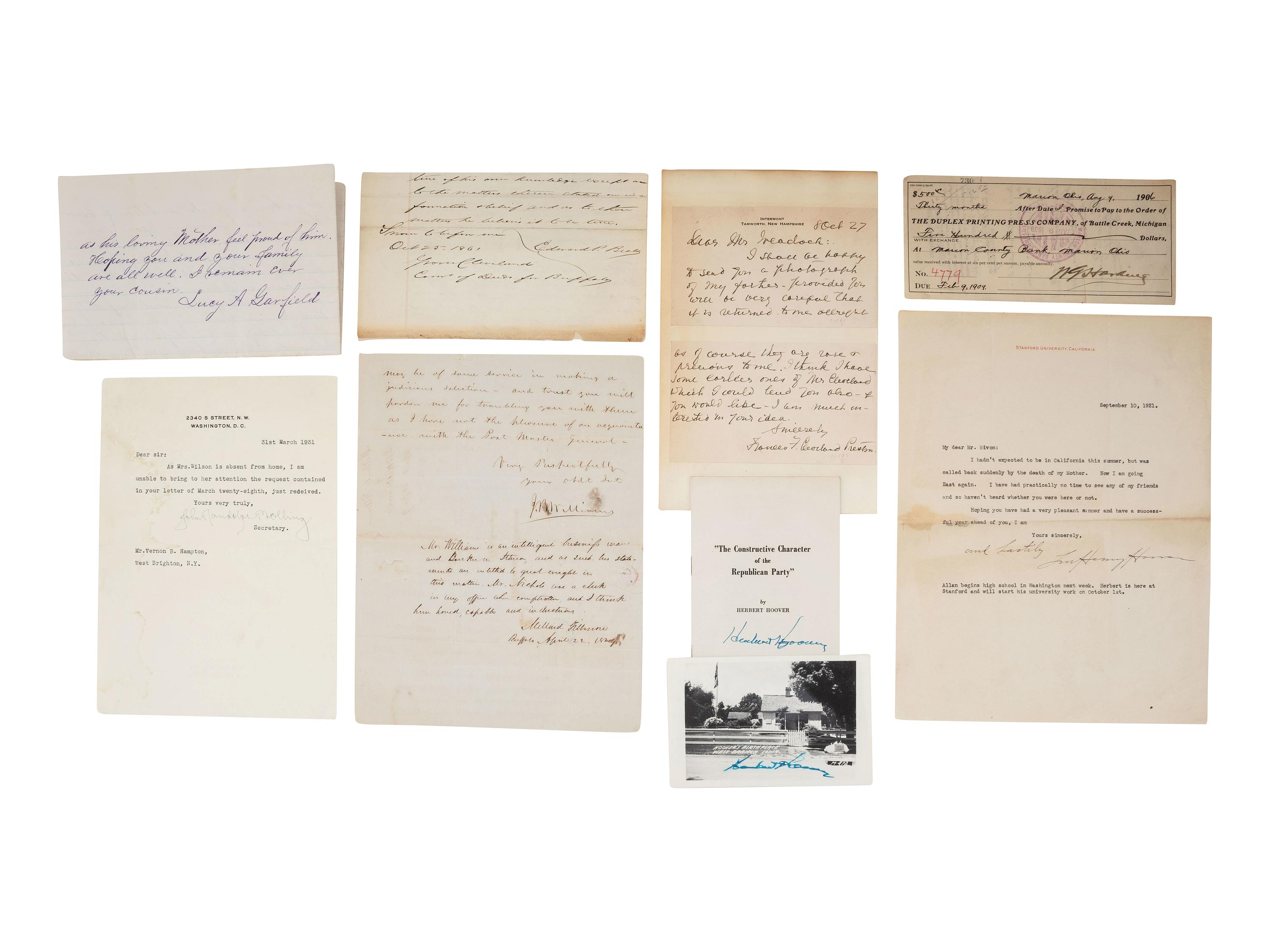 [PRESIDENTS]. Signed documents and ephemera featuring signatures of J.Q. ADAMS, FILLMORE, MCKINLEY, CLEVELAND, HARRISON, HARDING, and HAYES.