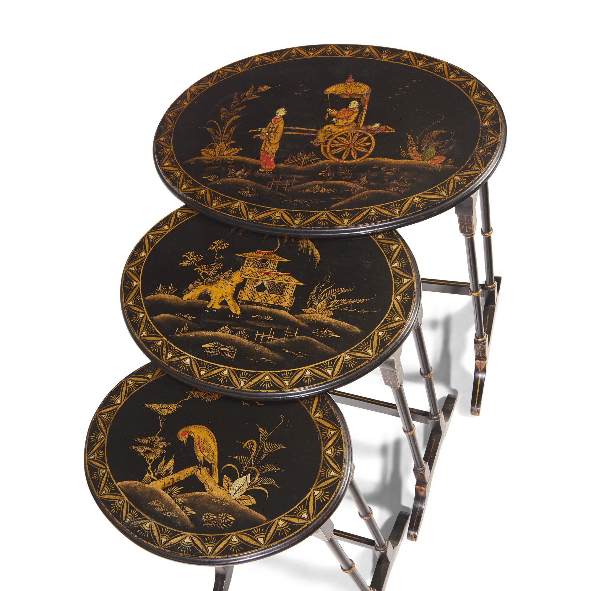 A Set of Regency Style Black Lacquer Chinoiserie Nesting Tables