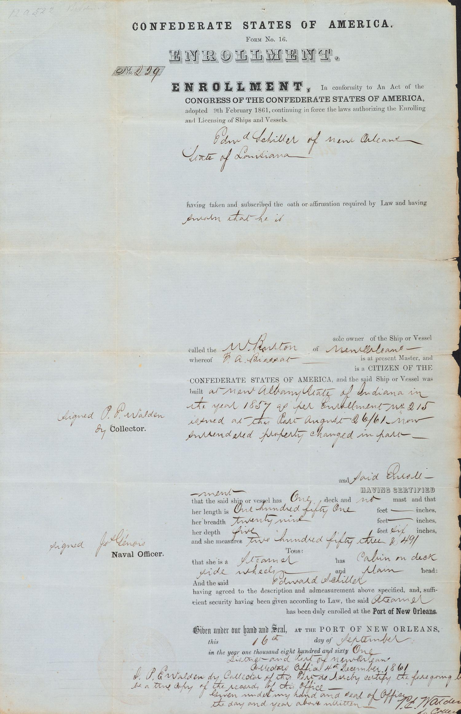 [CIVIL WAR]. Confederate States of America Form No. 16. Enrollment . Partly-printed document for enrollment and license for vessel. New Orleans, 16 September 1861.