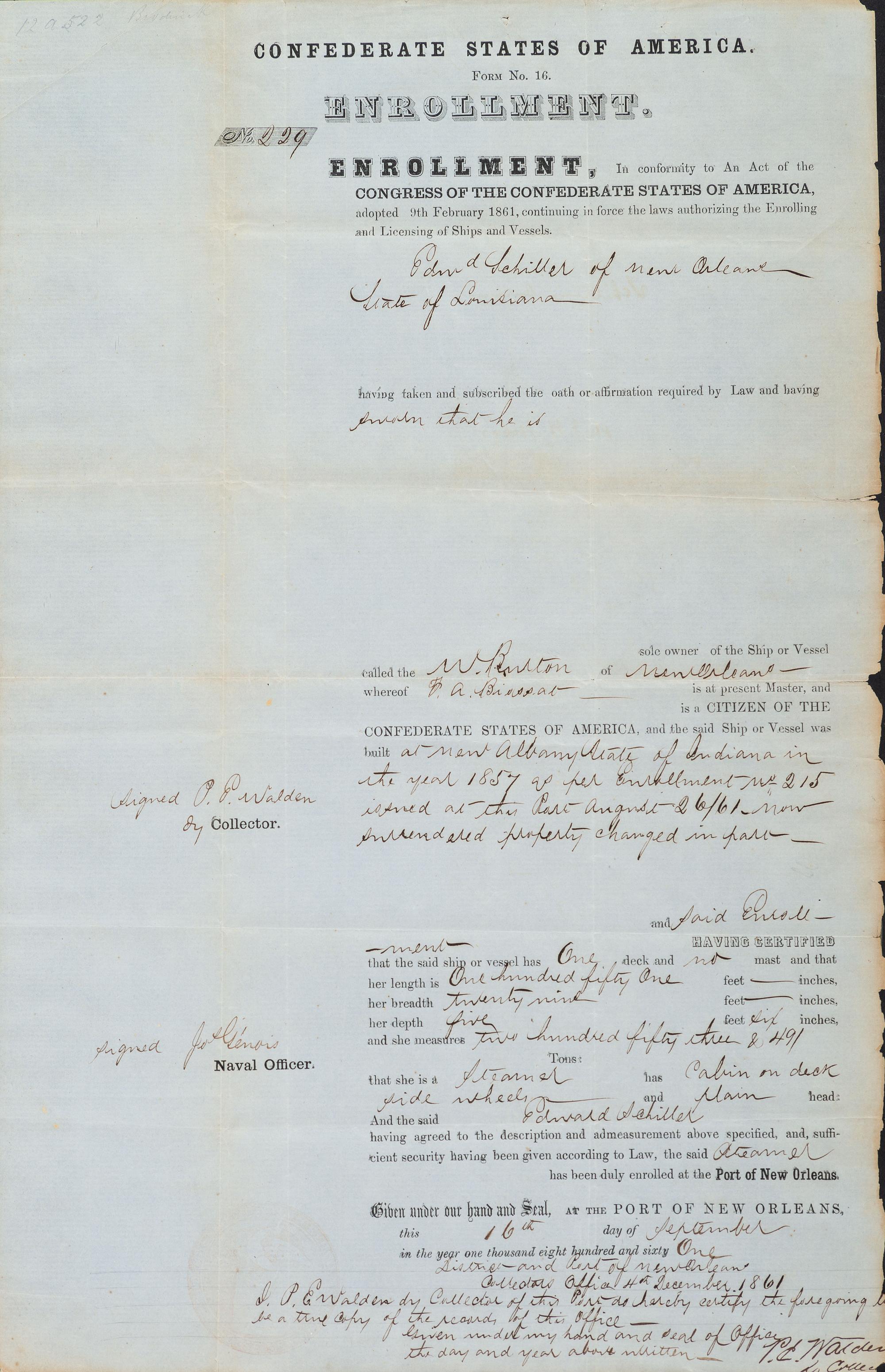 [CIVIL WAR]. Confederate States of America Form No. 16. Enrollment . Partly-printed document for enrollment and license for vessel. New Orleans, 16 September 1861.
