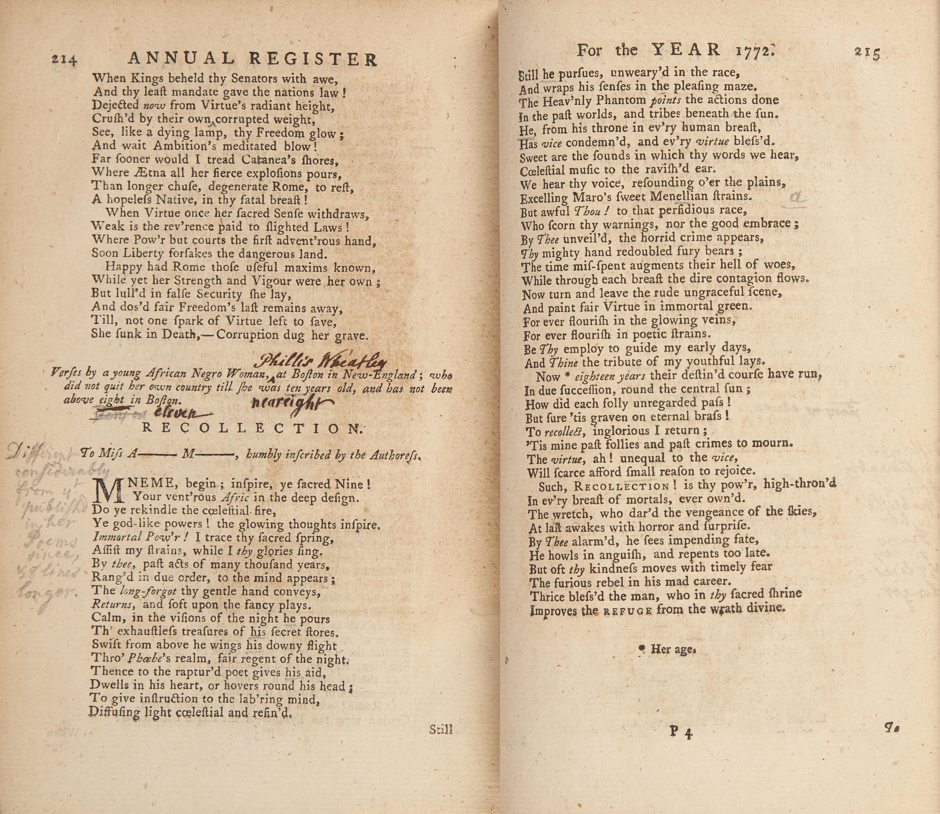 [African-Americana] [Wheatley, Phillis] The First Printed Appearance of Phillis Wheatley's Poem "Recollection"
