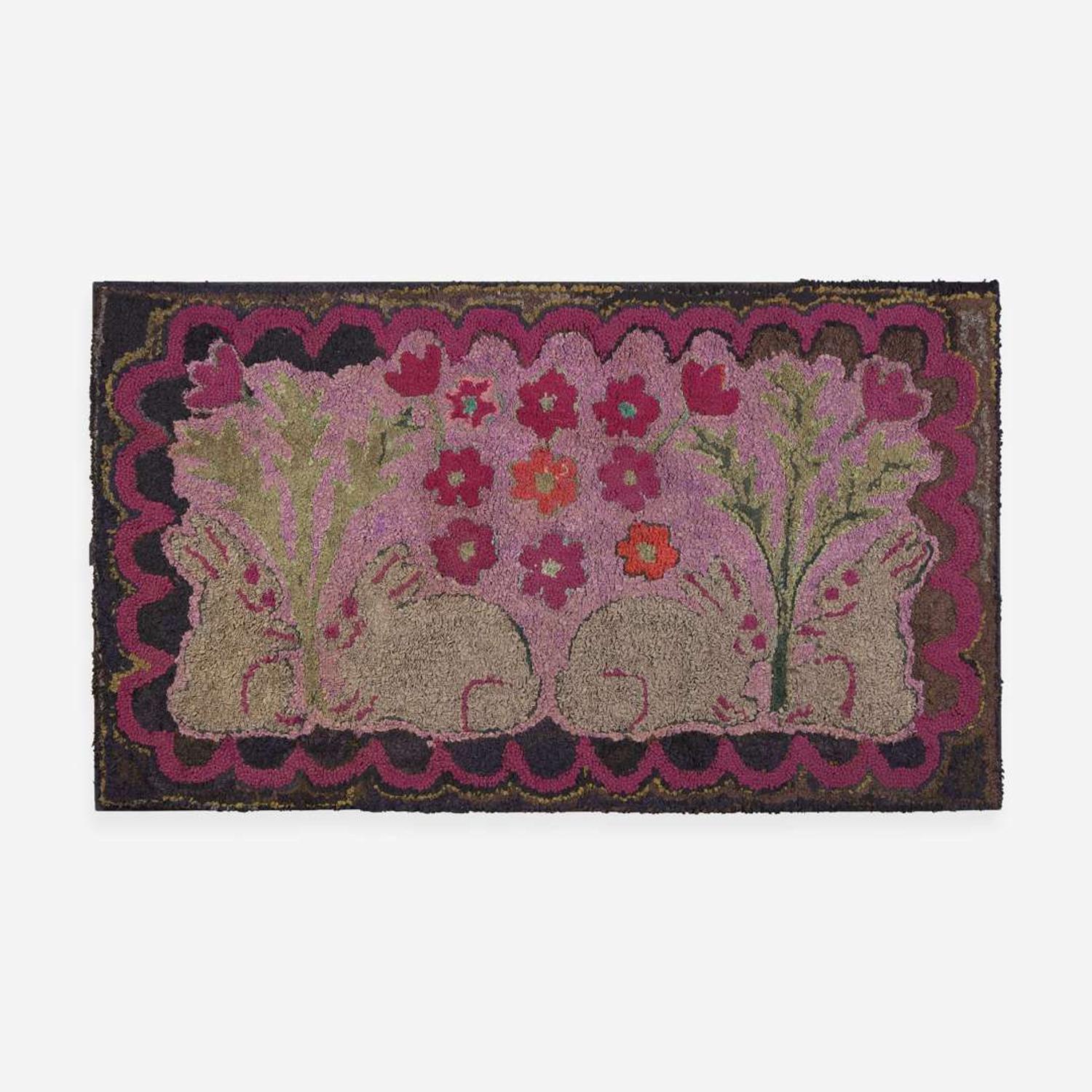 A pictorial hooked rug with rabbits early 20th century