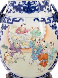 A Pair of Chinese Famille Rose and Underglaze Blue Hu-Form Vases Mounted as Lamps