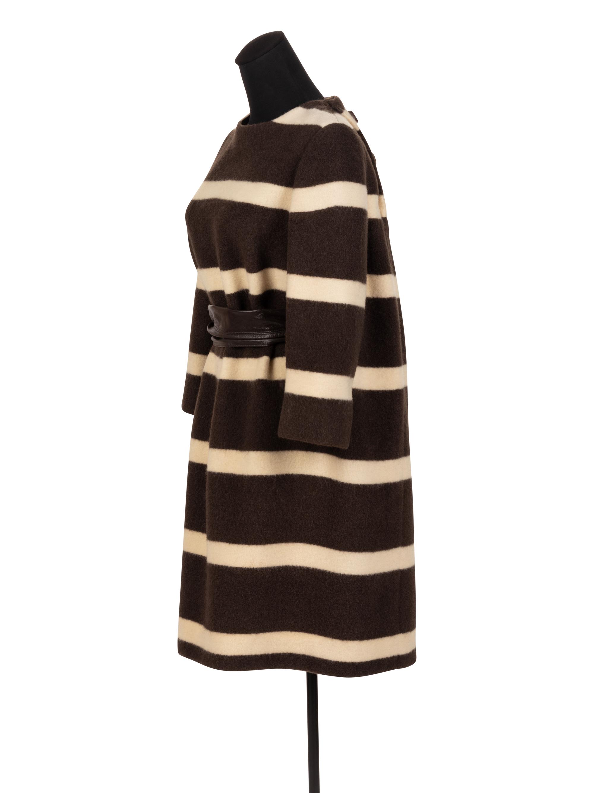 Madame Grès Haute Couture Wool Striped Dress with Leather Belt, 1960s