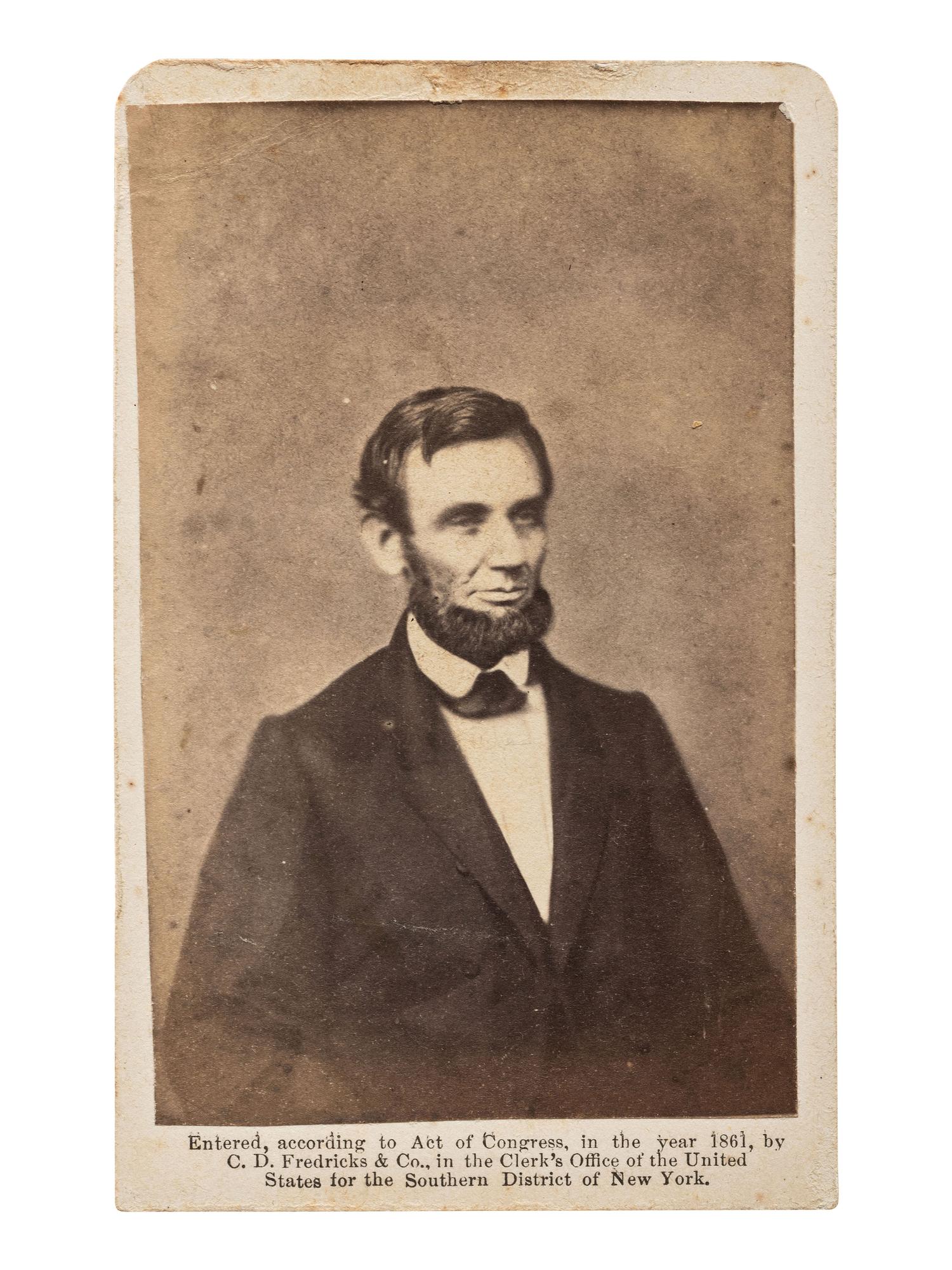 [LINCOLN, Abraham (1809-1865)]. CDV portrait of Lincoln. New York: C.D. Fredericks & Co., 1861.