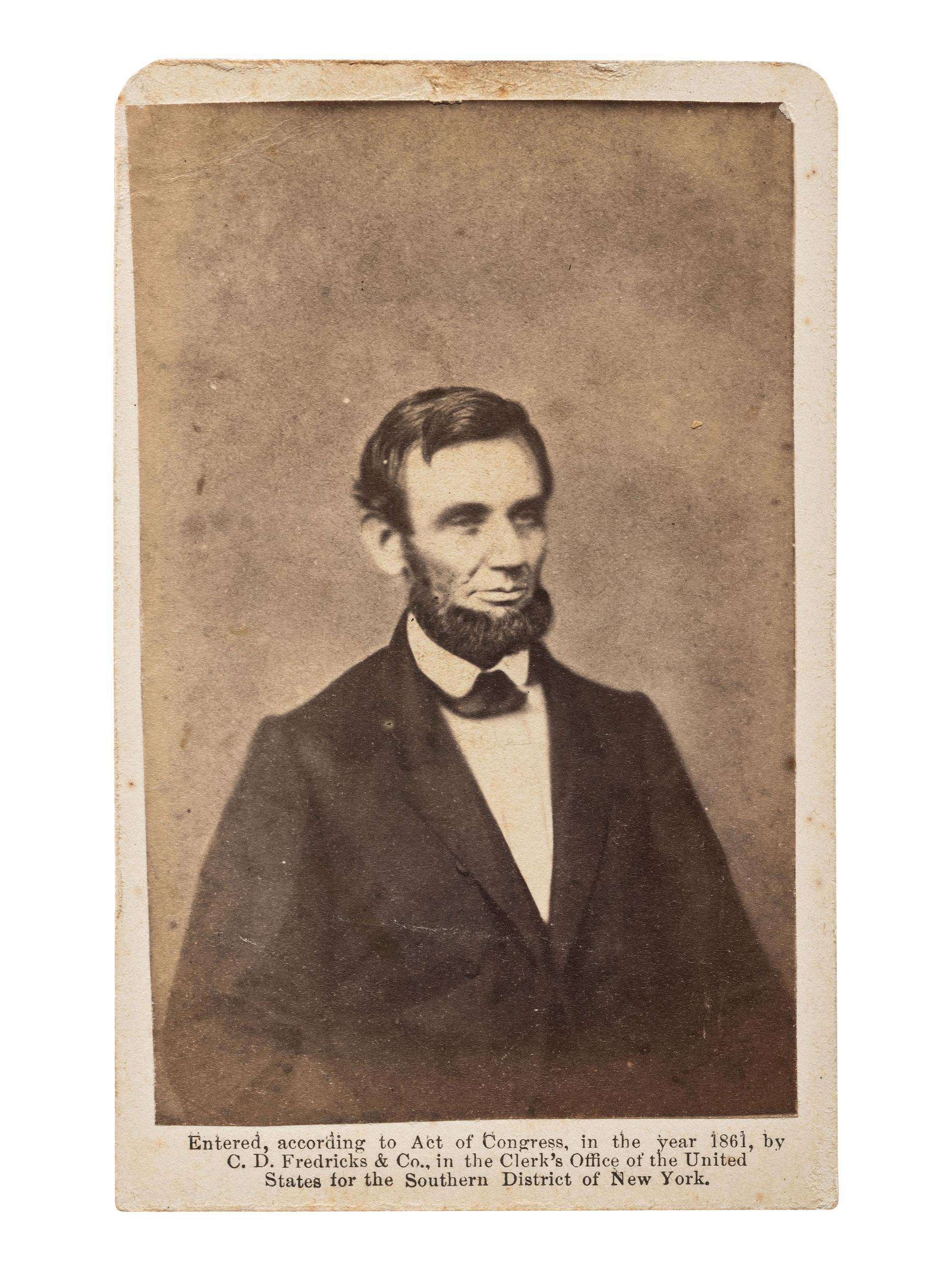 [LINCOLN, Abraham (1809-1865)]. CDV portrait of Lincoln. New York: C.D. Fredericks & Co., 1861.