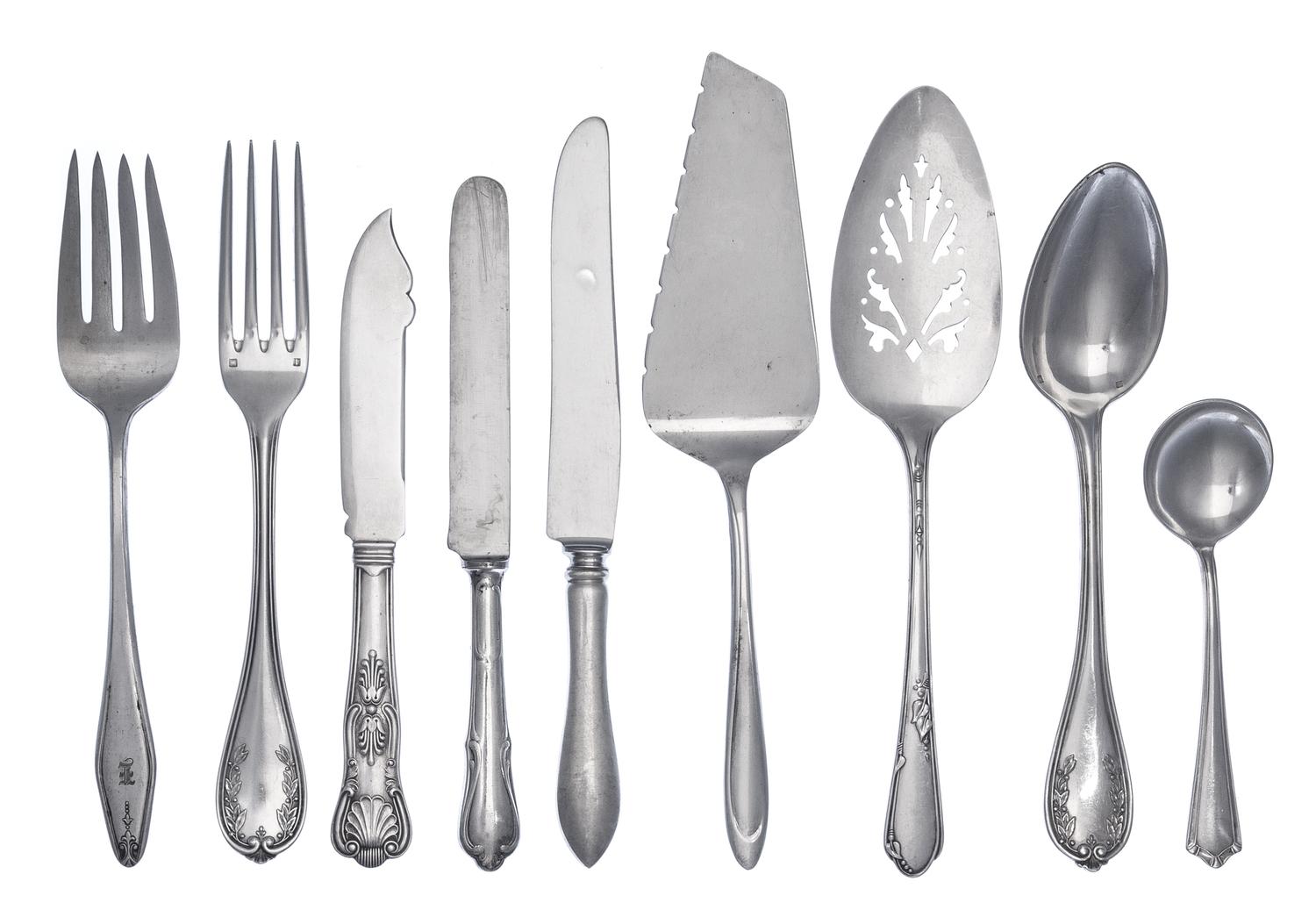 A Group of Silver and Silver-Plate Flatware Articles, Various Makers, comprising a Towle Silversmiths silver serving spoon and dinner f
