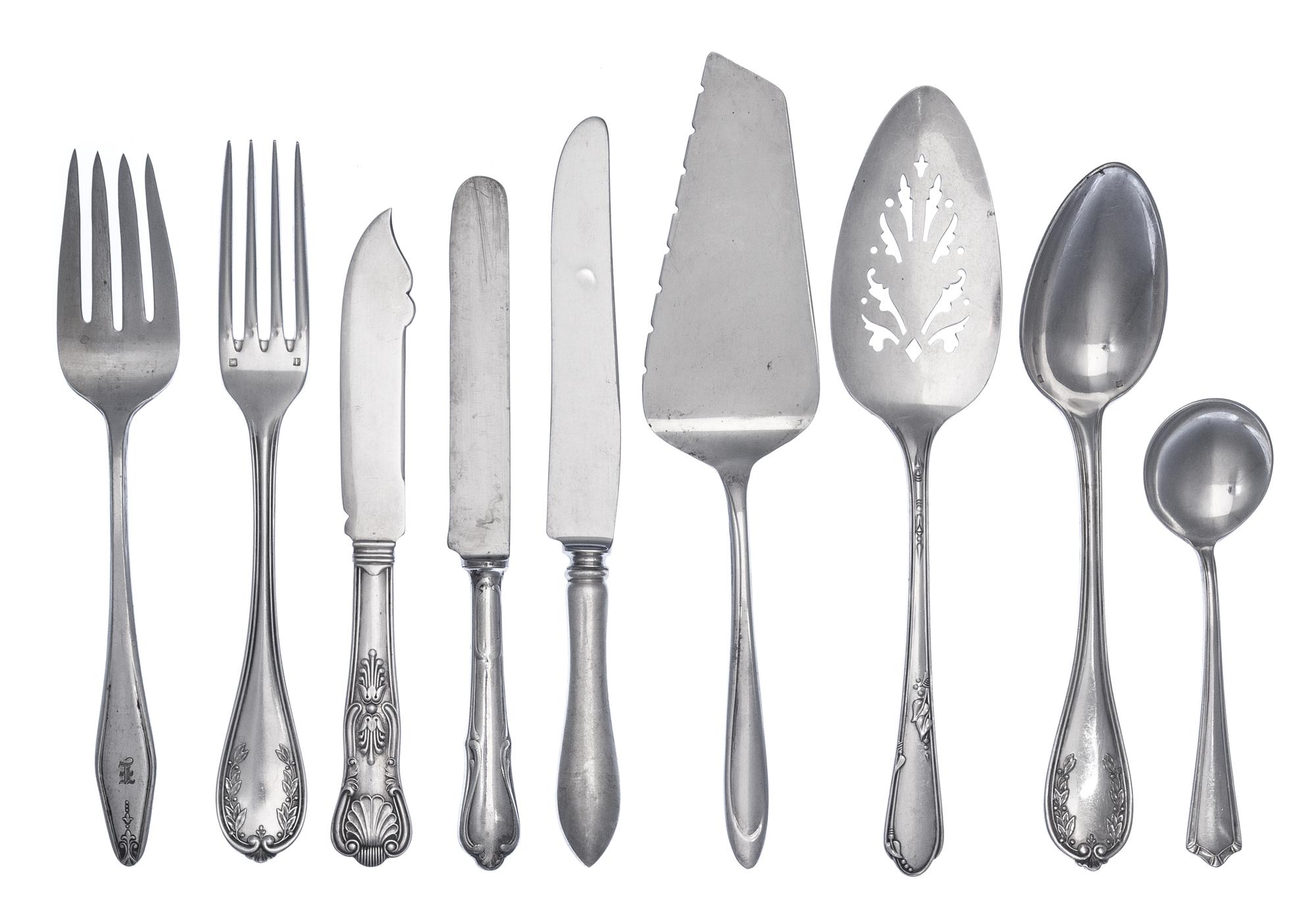 A Group of Silver and Silver-Plate Flatware Articles, Various Makers, comprising a Towle Silversmiths silver serving spoon and dinner f