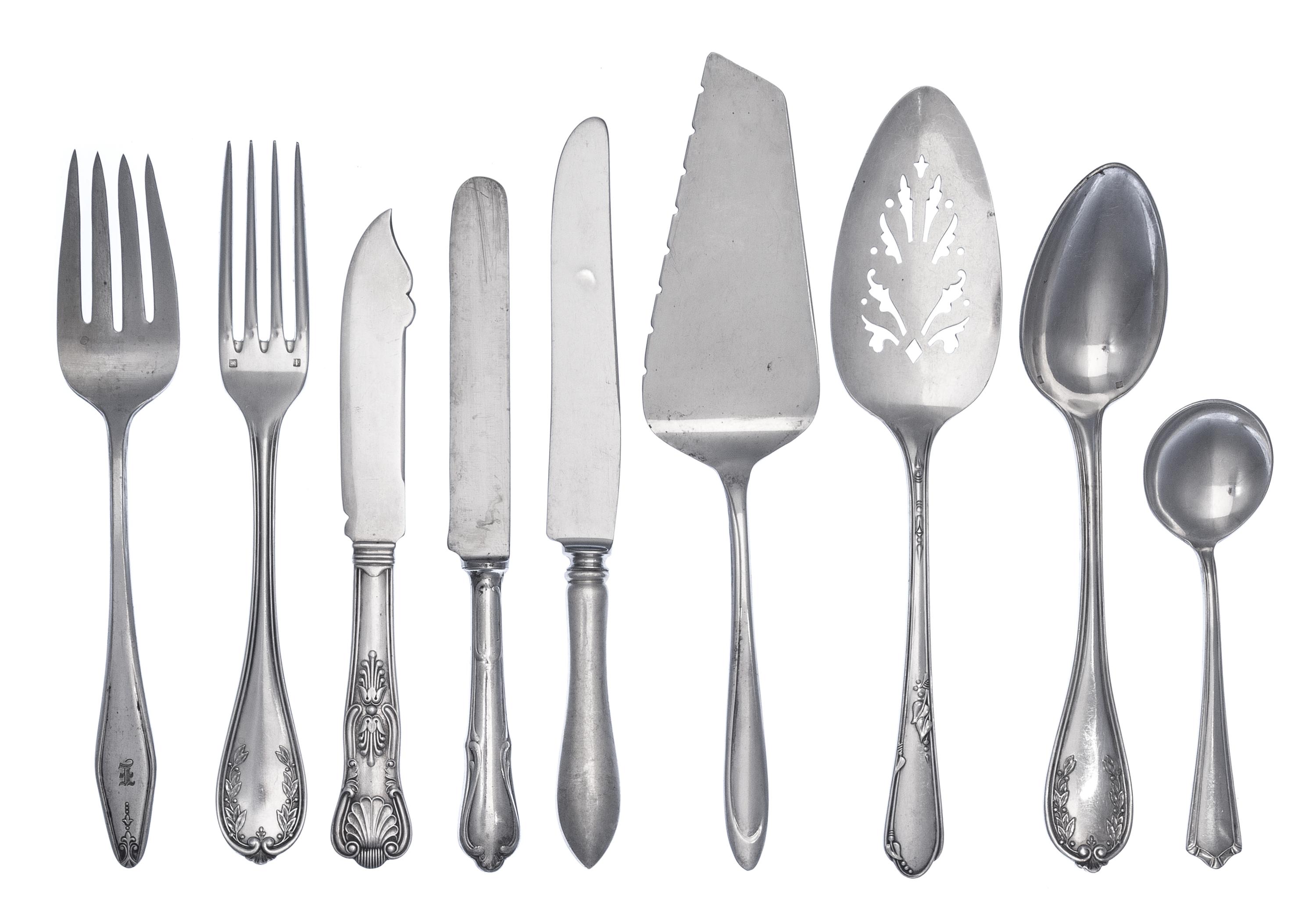 A Group of Silver and Silver-Plate Flatware Articles, Various Makers, comprising a Towle Silversmiths silver serving spoon and dinner f