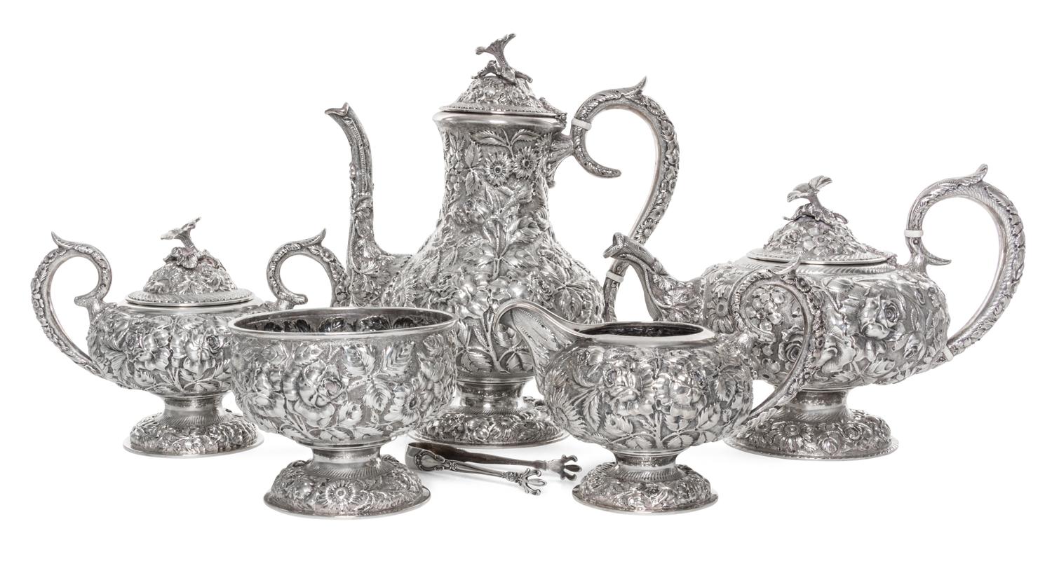 An American Silver Five-Piece Tea and Coffee Service, The Stieff Company, Baltimore, MD, Stieff Rose pattern, comprising a teapot, coff