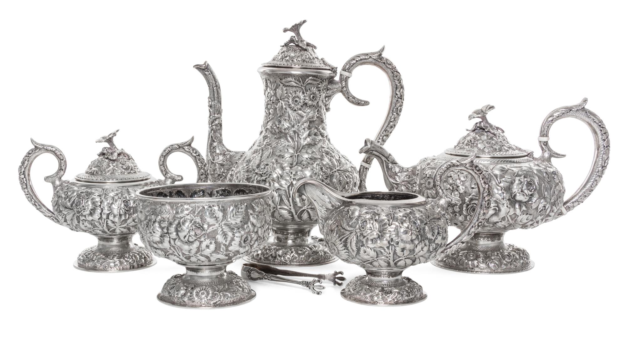 An American Silver Five-Piece Tea and Coffee Service, The Stieff Company, Baltimore, MD, Stieff Rose pattern, comprising a teapot, coff