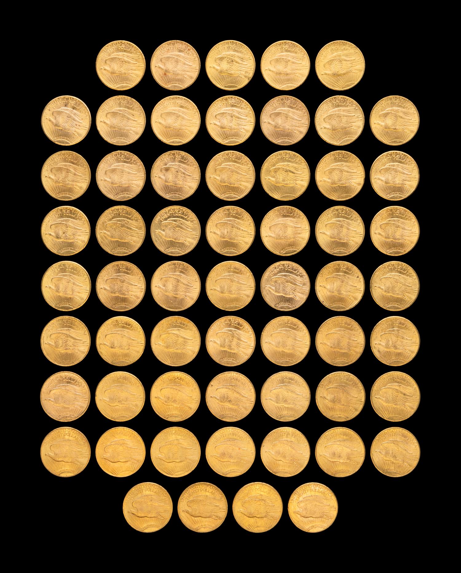 A Collection of Fifty-Eight Saint-Gaudens $20 Gold Coins