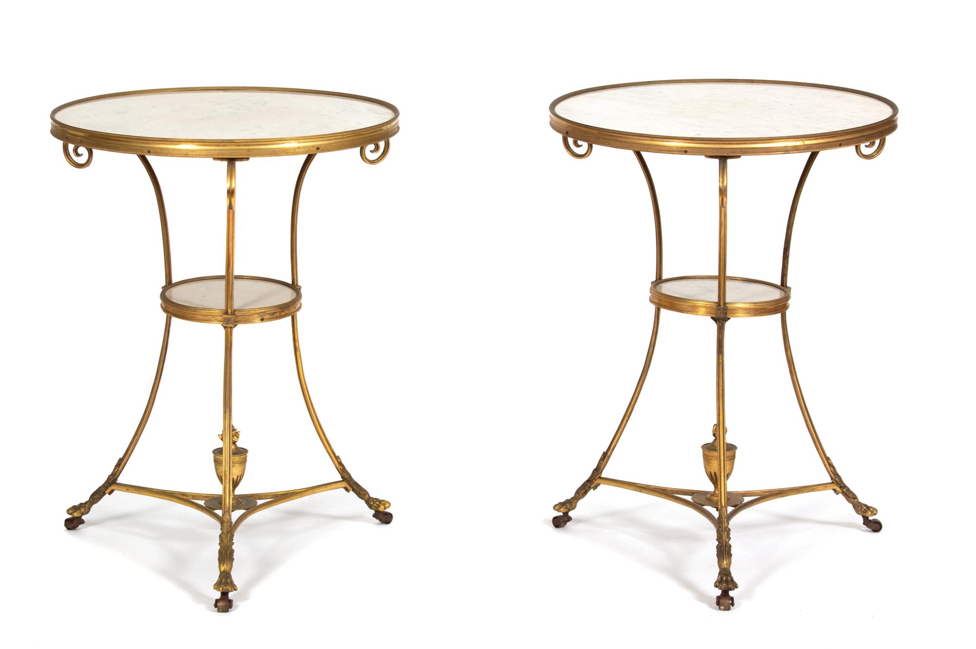 A Pair of Louis XVI Style Gilt Bronze and White Marble Gueridons Height 27 1/2 x diameter of top 20 3/4 inches. — LATE 19TH/EARLY 20TH CENTURY