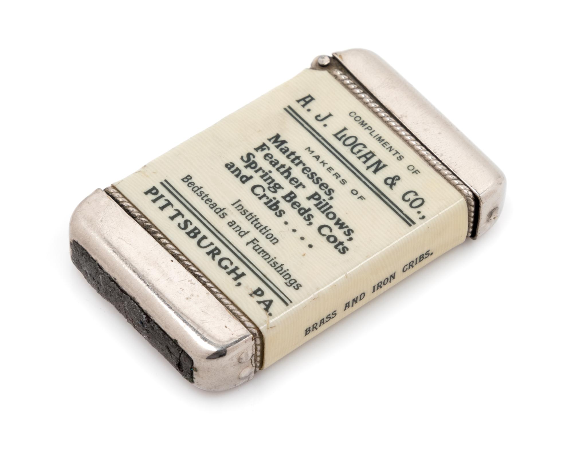 An American Celluloid and Mixed Metal Advertisement Match Safe Height 2 3/8 inches. — LATE 19TH/EARLY 20TH CENTURY