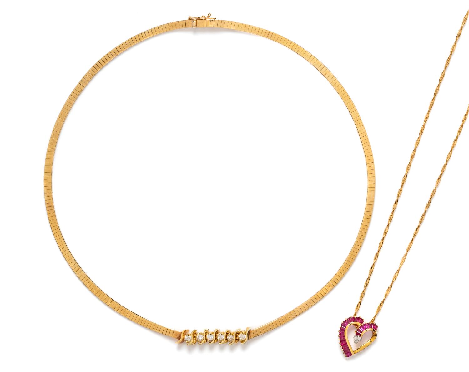 A Collection of Yellow Gold and Diamond Necklaces,