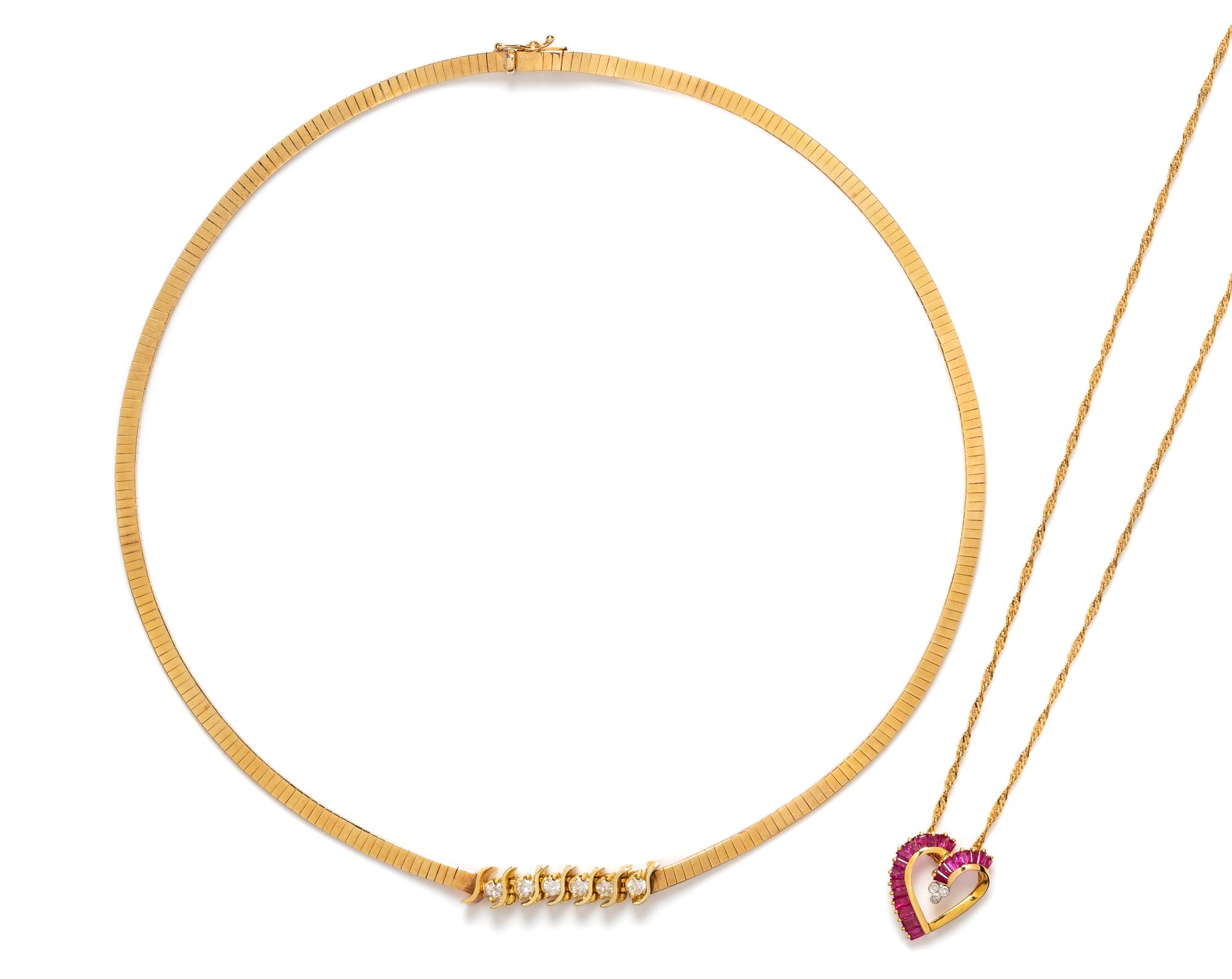 A Collection of Yellow Gold and Diamond Necklaces,