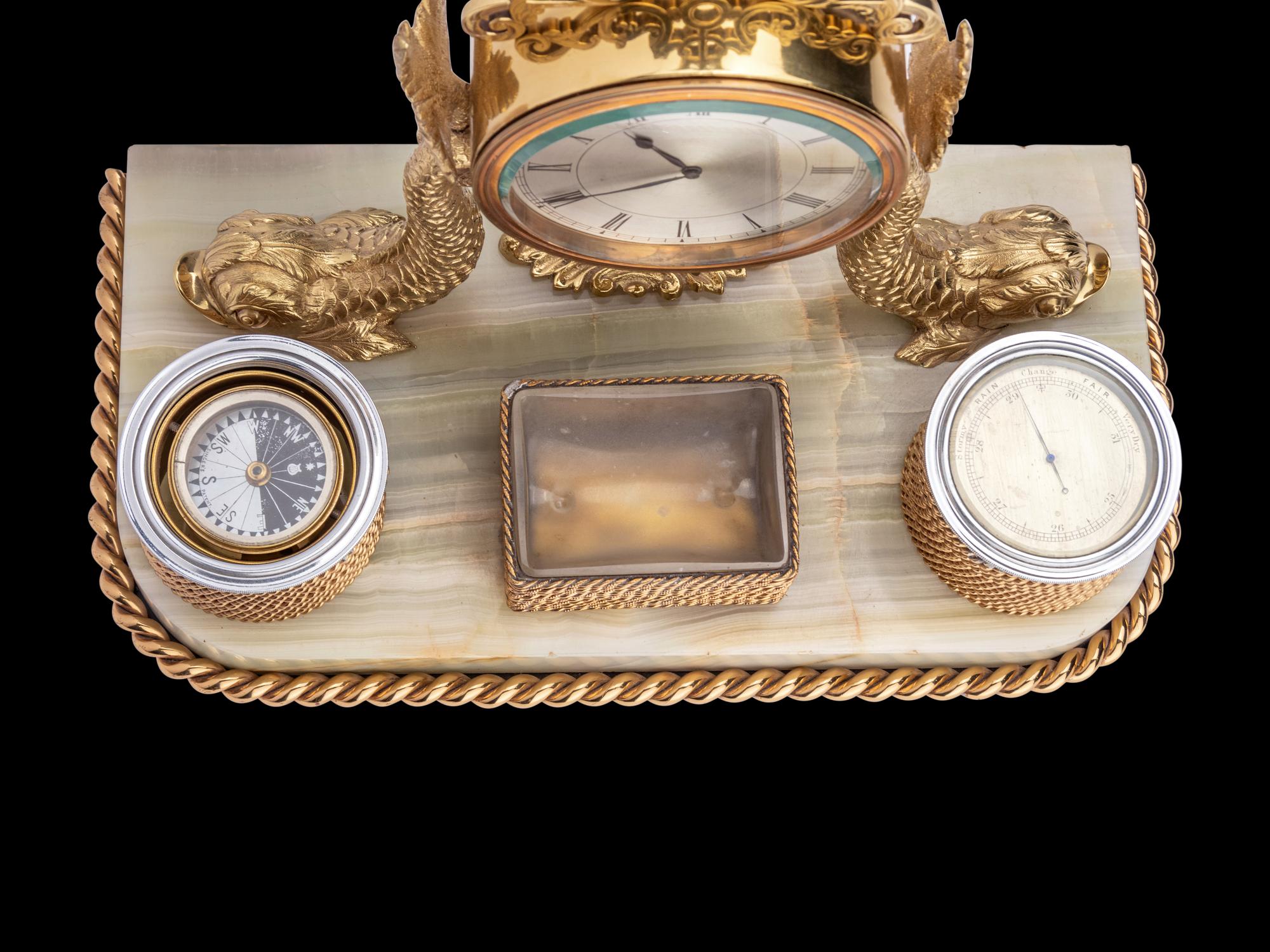 A Gilt Metal and Onyx Nautical Desk Clock, with Compass and Barometer