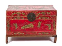 A Chinese Red and Gilt Lacquer Bride's Box Height 15 x width 29 x depth 20 1/2 inches.