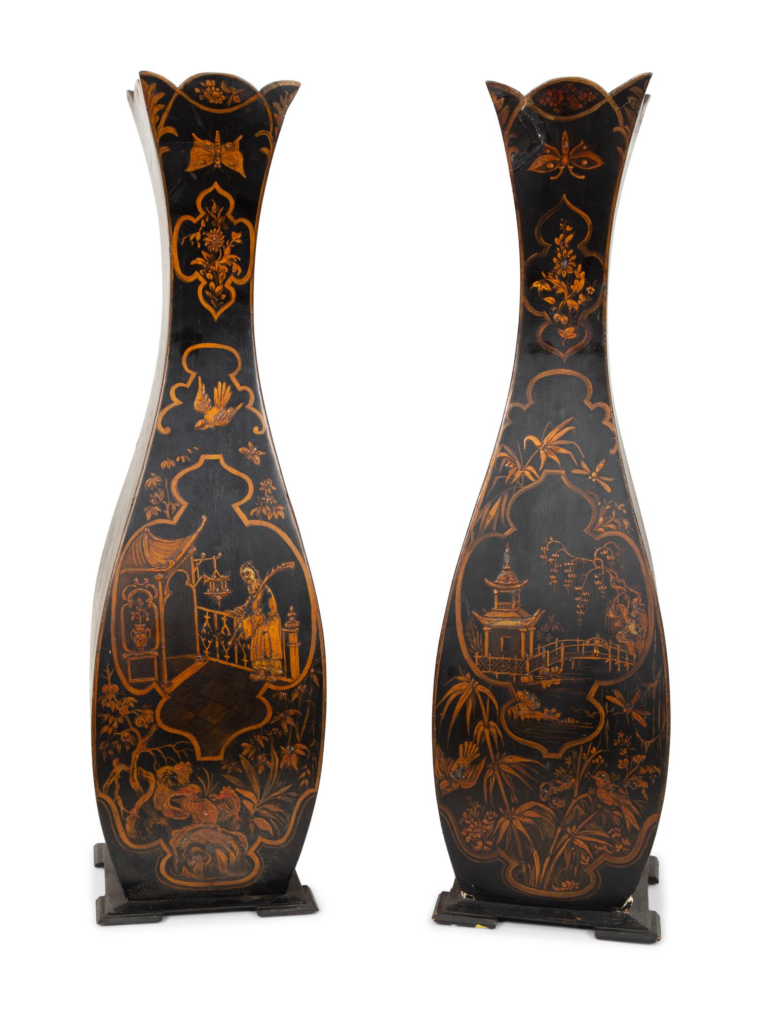A Pair of Parcel Gilt and Black Japanned Wood Vases