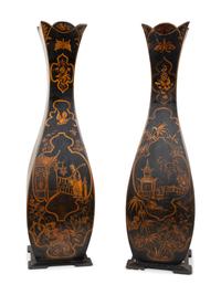 A Pair of Parcel Gilt and Black Japanned Wood Vases