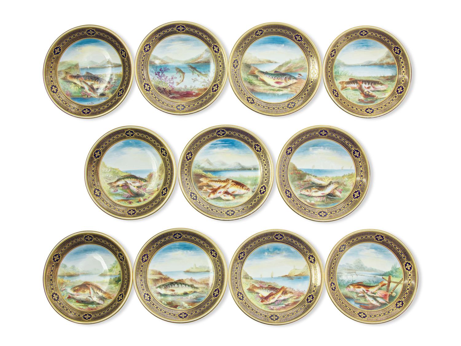 A Set of Eleven Royal Crown Derby Hand-Painted and Parcel-Gilt Fish Plates