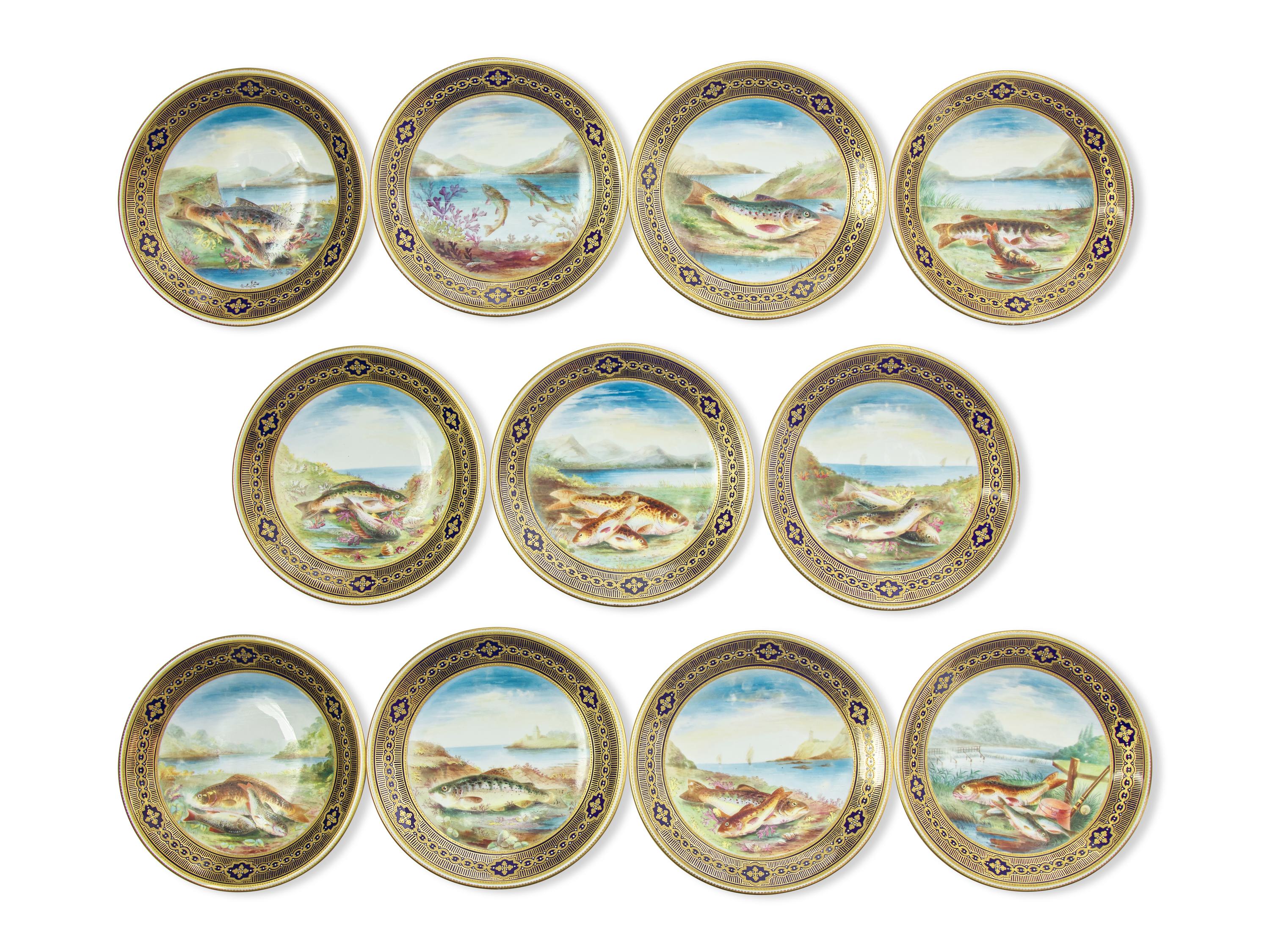 A Set of Eleven Royal Crown Derby Hand-Painted and Parcel-Gilt Fish Plates