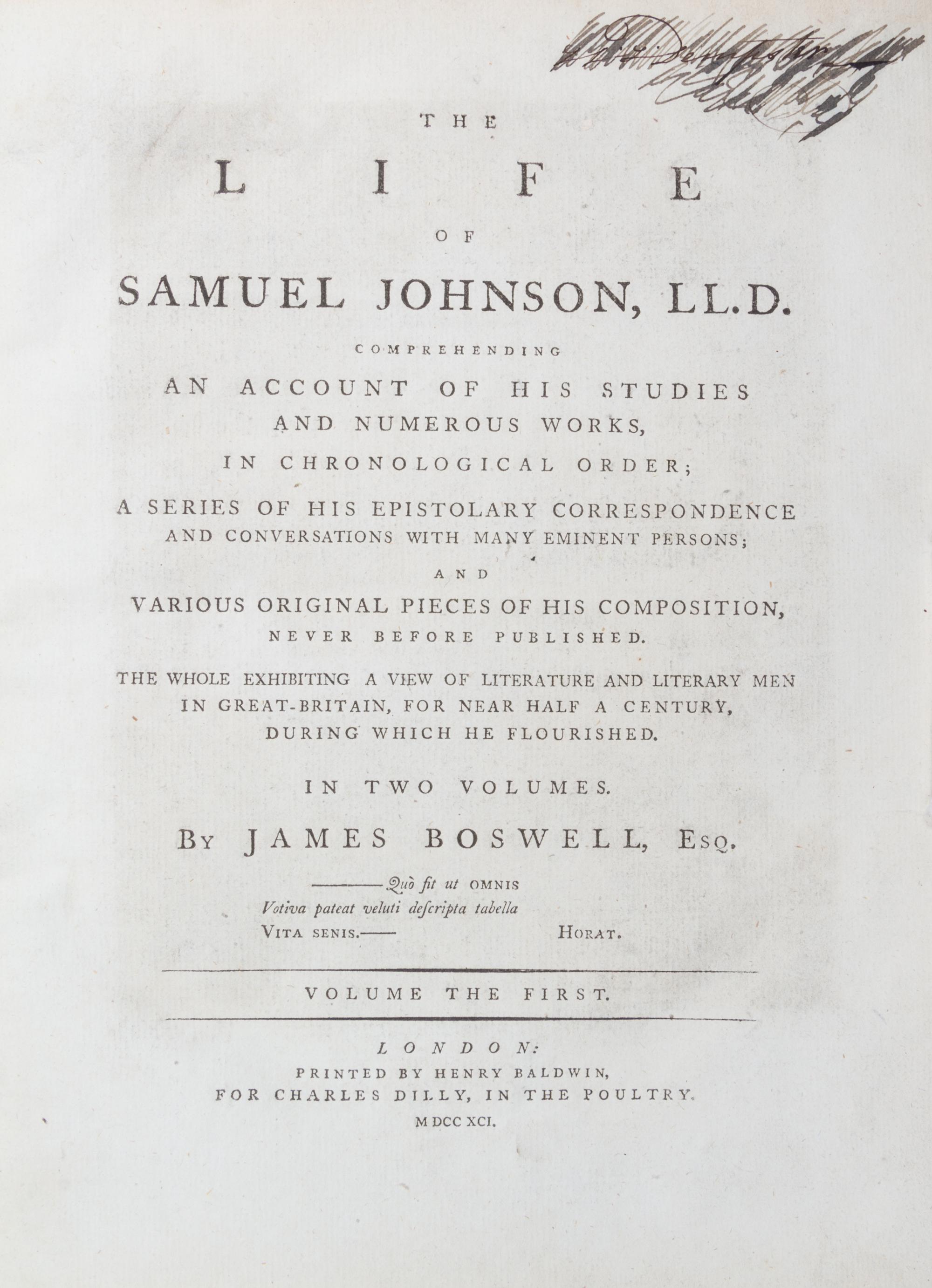 BOSWELL, JAMES. The Life of Samuel Johnson. London, 1791. 2 vols. First edition, first issues. Skibo/Yale copy.