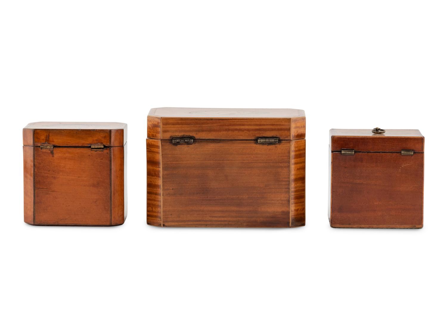 A Group of Three George III Harewood and Marquetry Tea Caddies