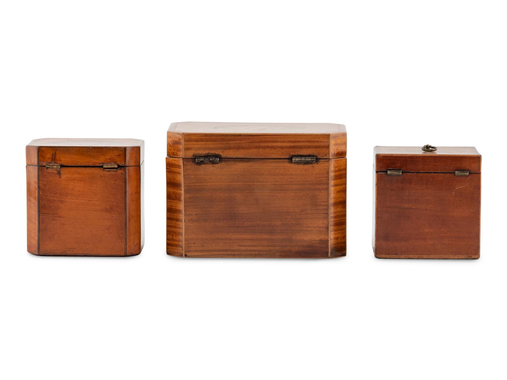 A Group of Three George III Harewood and Marquetry Tea Caddies
