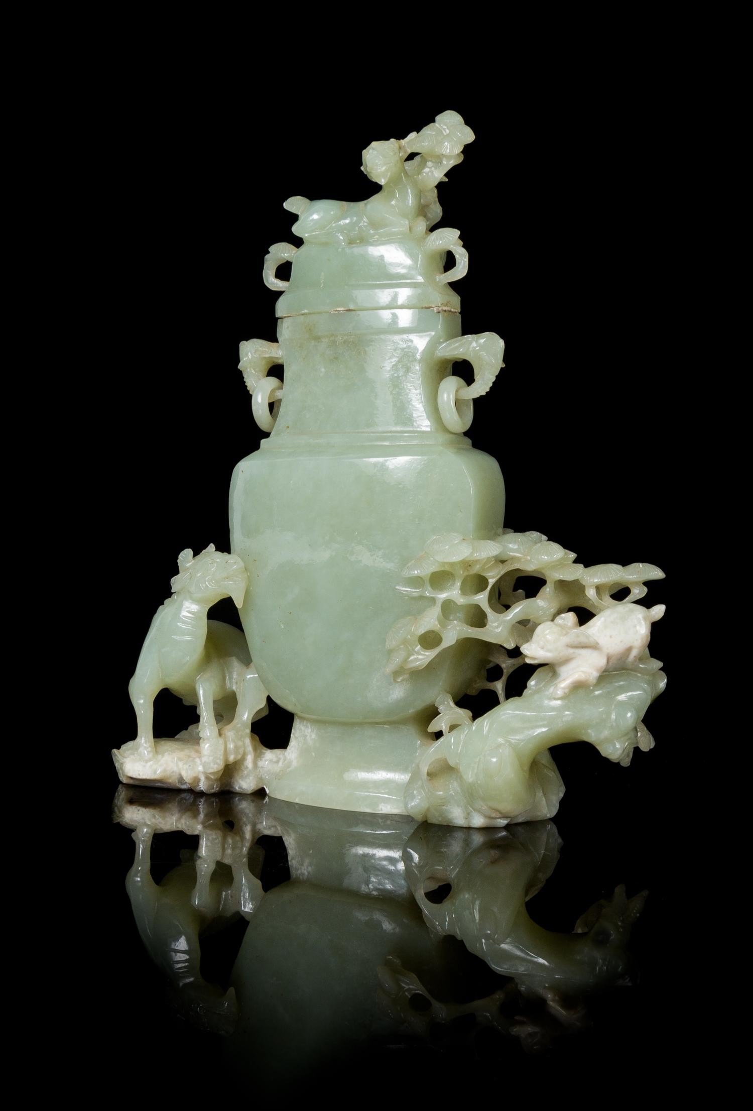 A Pale Celadon Jade Covered Vase Height 7 1/4 inches. — QING DYNASTY (1644-1912)