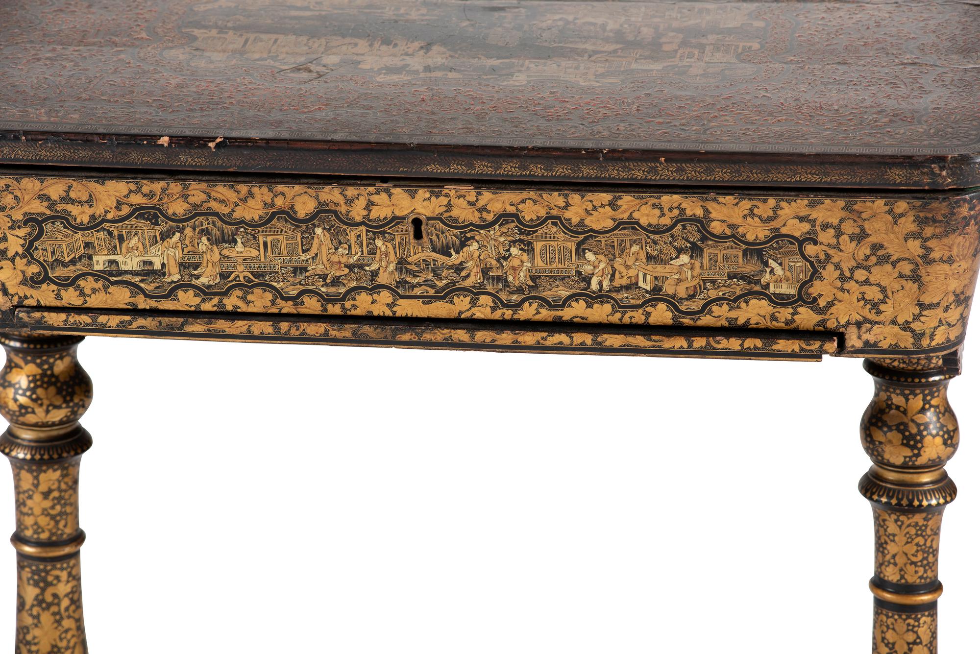 A Chinese Export Gilt and Black Lacquered Sewing Table